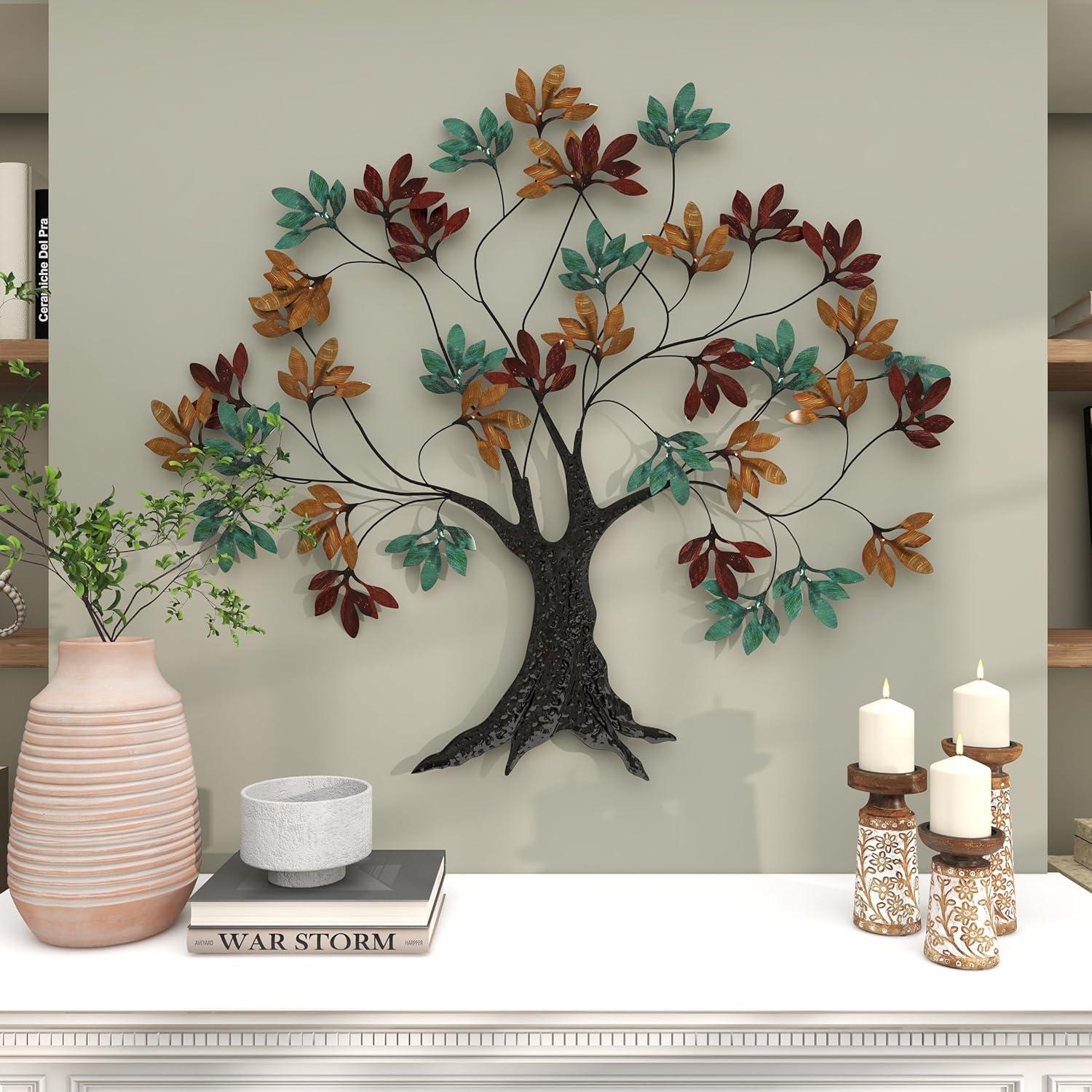 Metal Tree Home Multi Colored Wall Decor with Leaf Detail