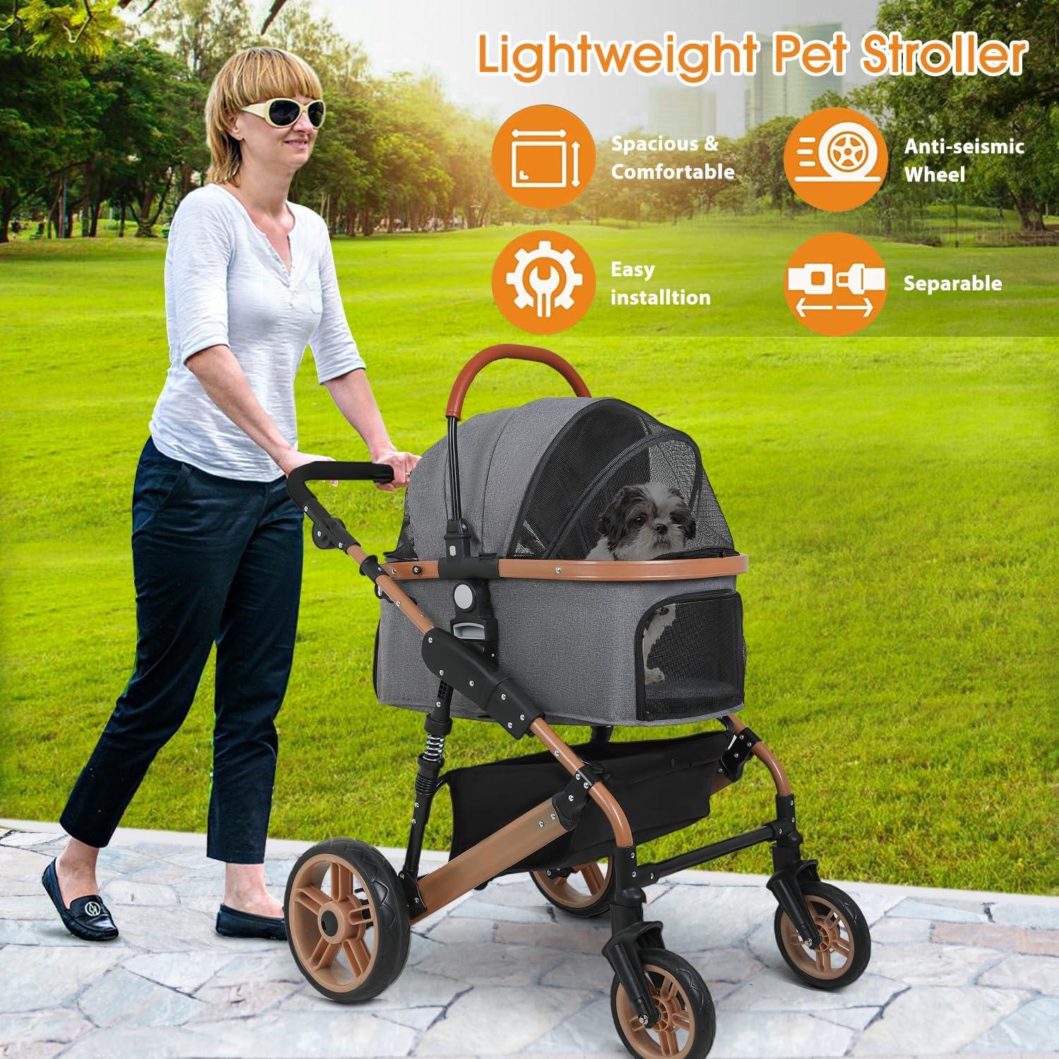 Gray Aluminum Frame 4-Wheel Dog Stroller with Detachable Carrier