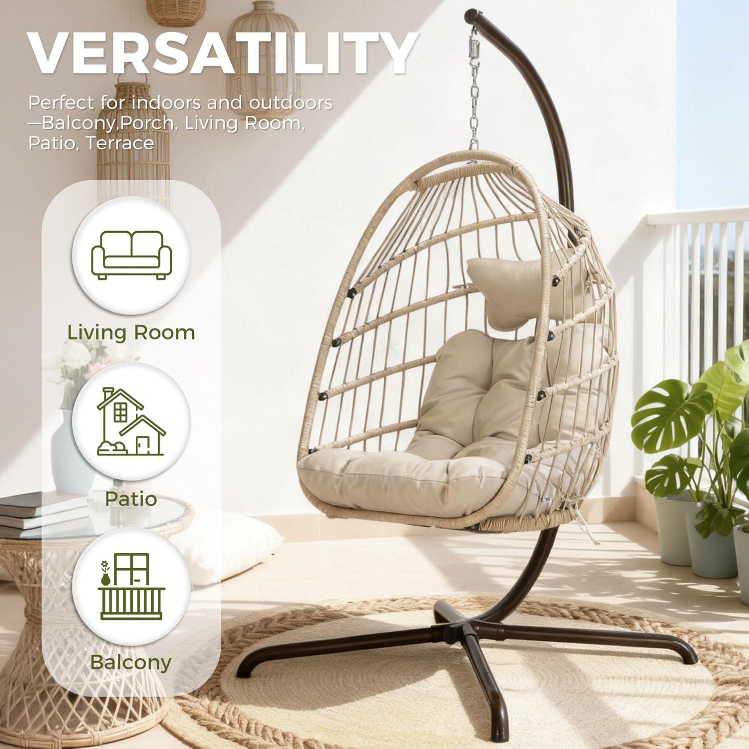 RADIATA Outdoor Foldable Hanging Egg Chair with Stand, PE Wicker Swing Chair with Cushion and Headrest, 350 lbs Capacity, Beige
