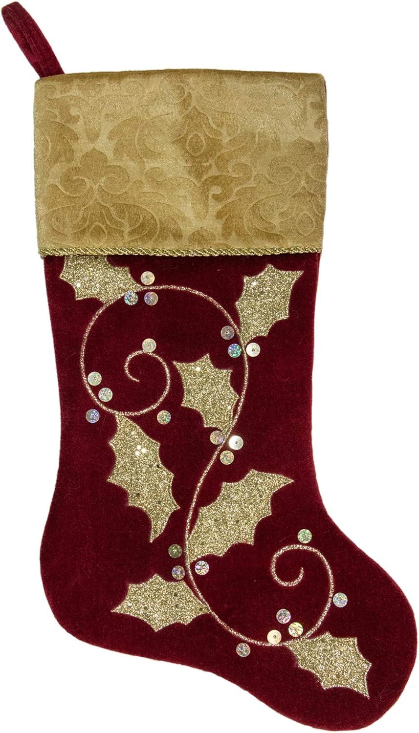 20.5-Inch Velvet Gold and Maroon Etched Cuff Christmas Stocking