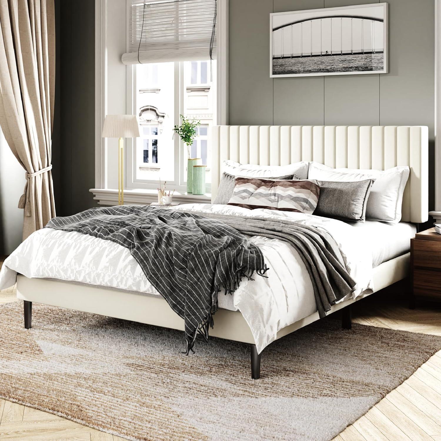 Full Bed Frame with Velvet Upholstered Headboard and Solid Wood Slats, Box Spring Optional, Mattress Base, Easy to Assemble, Beige
