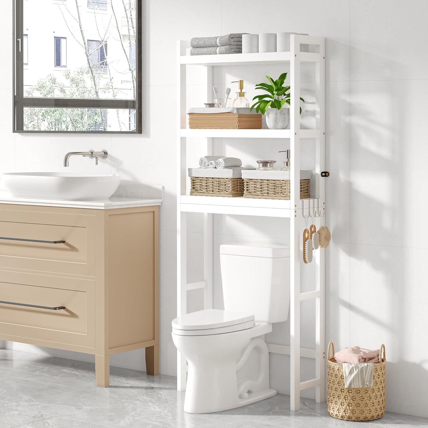 Over The Toilet Storage, 4-Tier Bathroom Organizer Over Toilet with Sturdy Bamboo Shelves, Multifunctional Toilet Shelf, Easy to Assemble and Saver Space, Gray