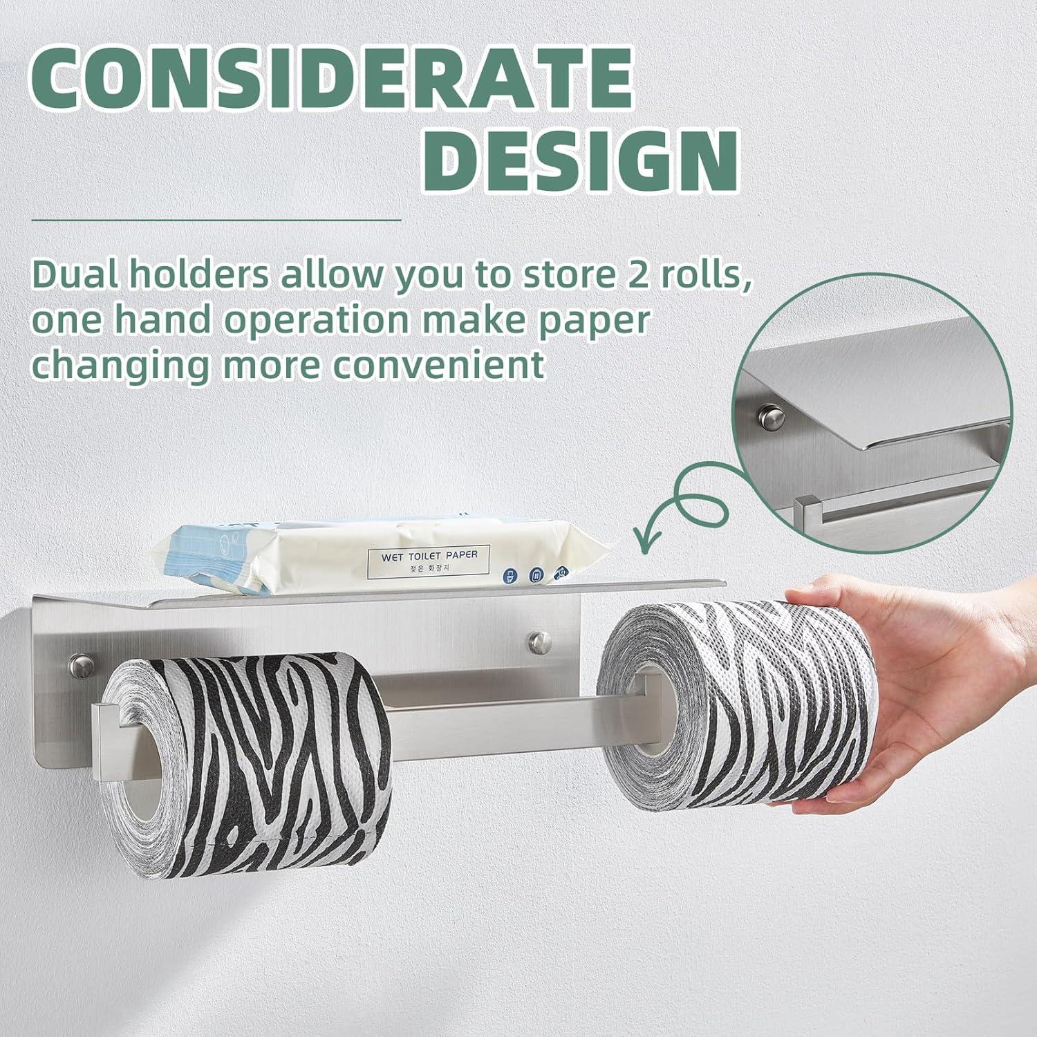 Double Toilet Paper Holder with Shelf Brushed Nickel, Modern Bathroom Accessories SUS 304 Stainless Steel Commercial Tissue Roll Dispenser Mobile Phone Storage Rack Handy Use