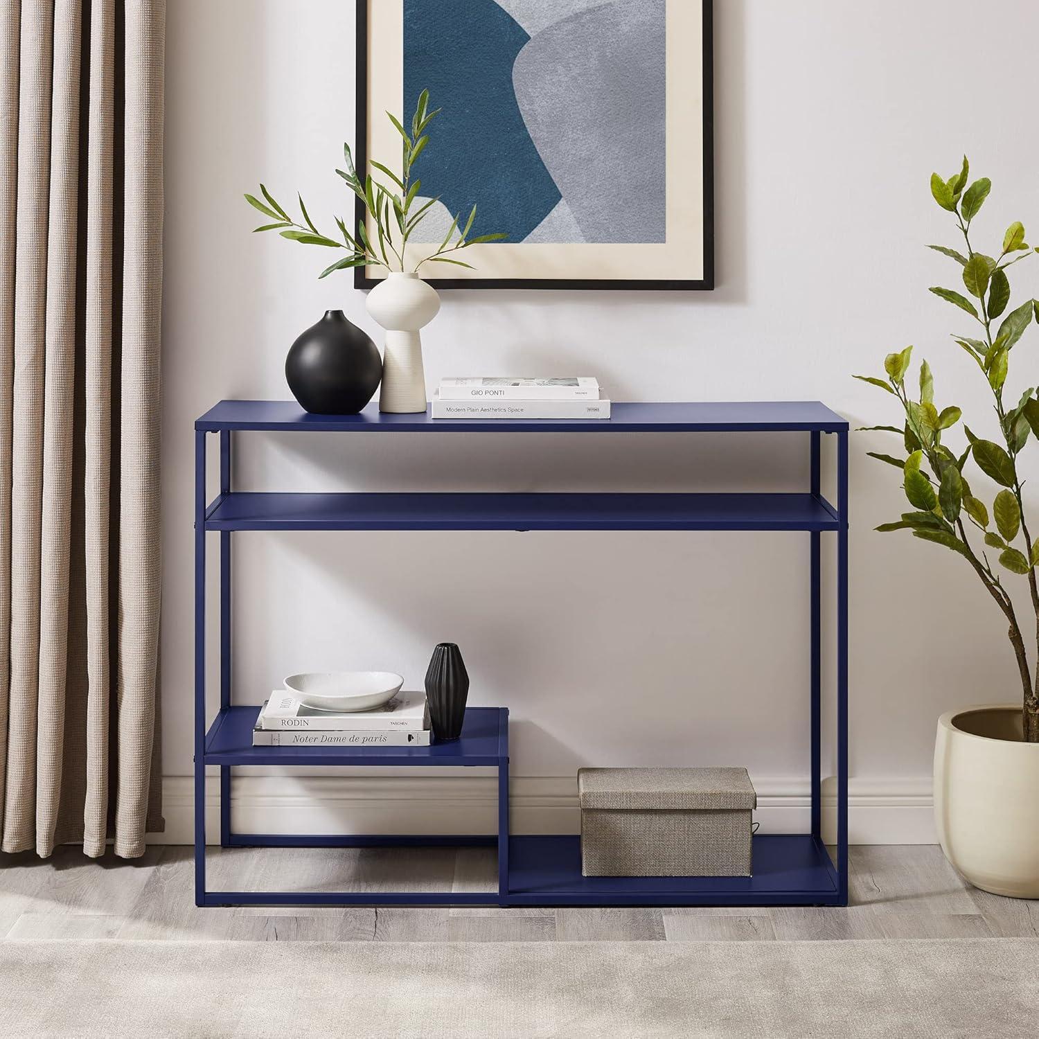 42" Metal and Wood Console Table with Tiered Shelves - Blue