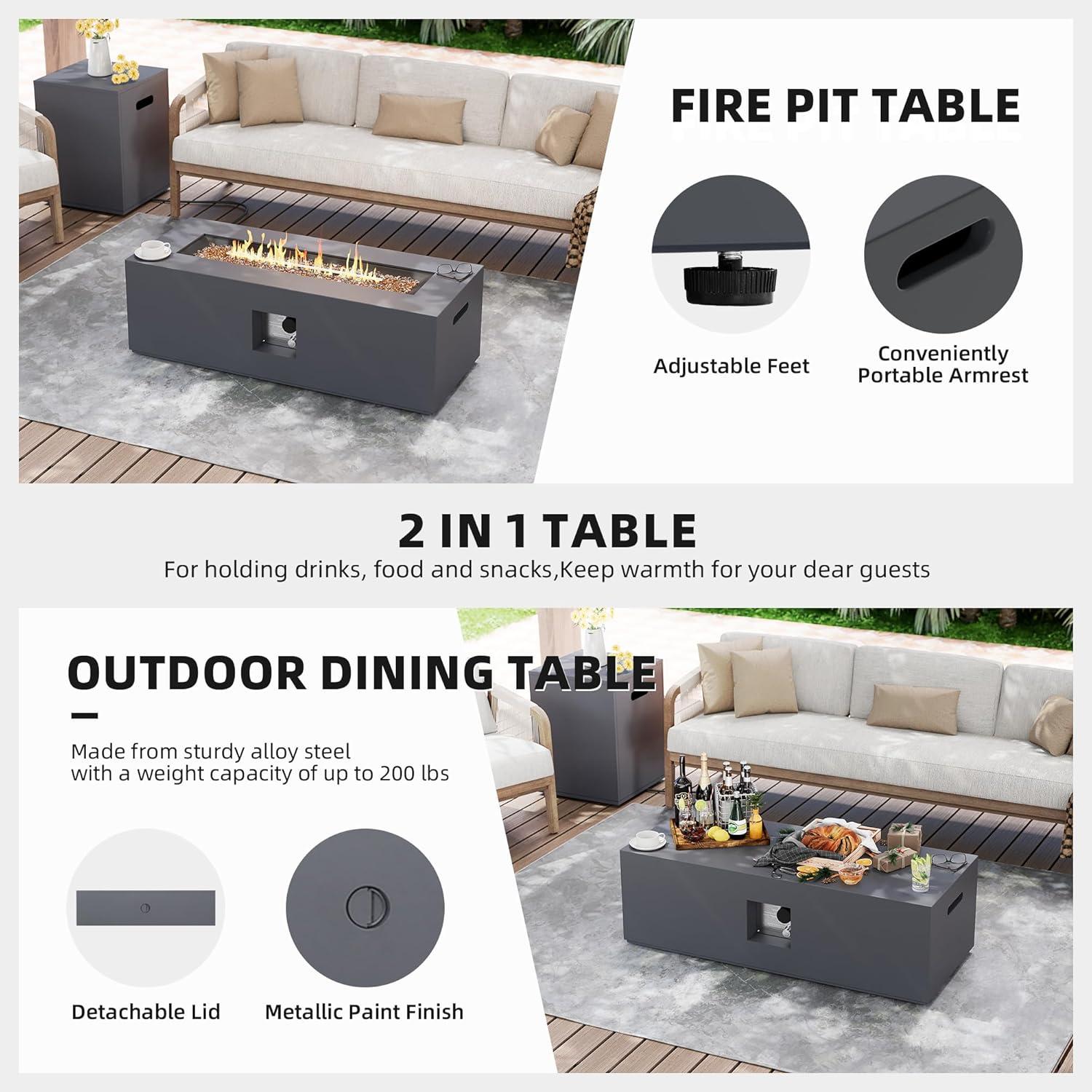 UPHA 42-inch Outdoor Propane Rectangle Fire Pit Table 50000 BTU Iron Gas FirePit for Outside Patio with Tank Cover, Removable Lid, Lava Rocks, Rain Cover, Grey