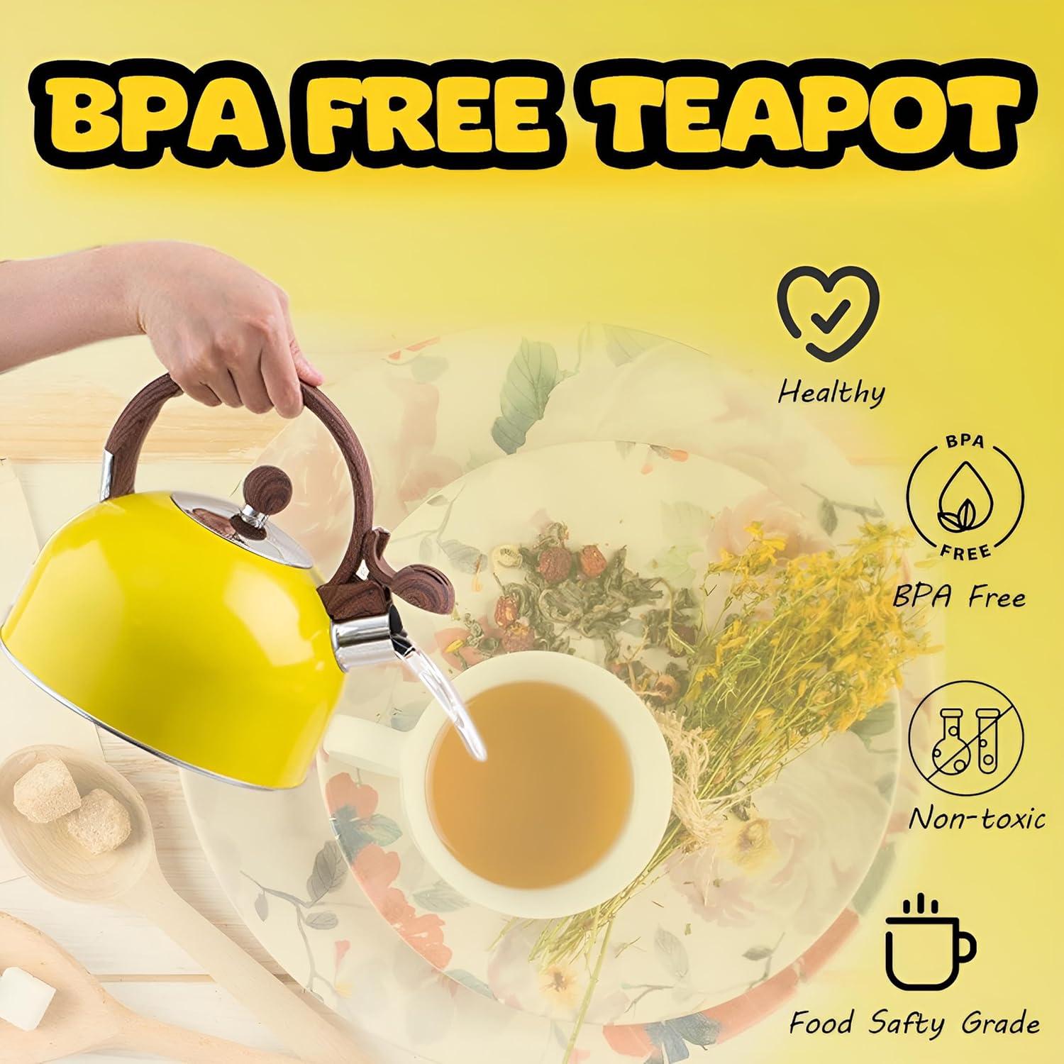 Venoly 2.5 Liter Whistling Tea Kettle - Modern Stainless Steel Whistling Tea Pot for Stovetop Hot Water Boiler with Cool Grip Ergonomic Handle (Lemon Yellow, 2.5 Quarts/Liters)