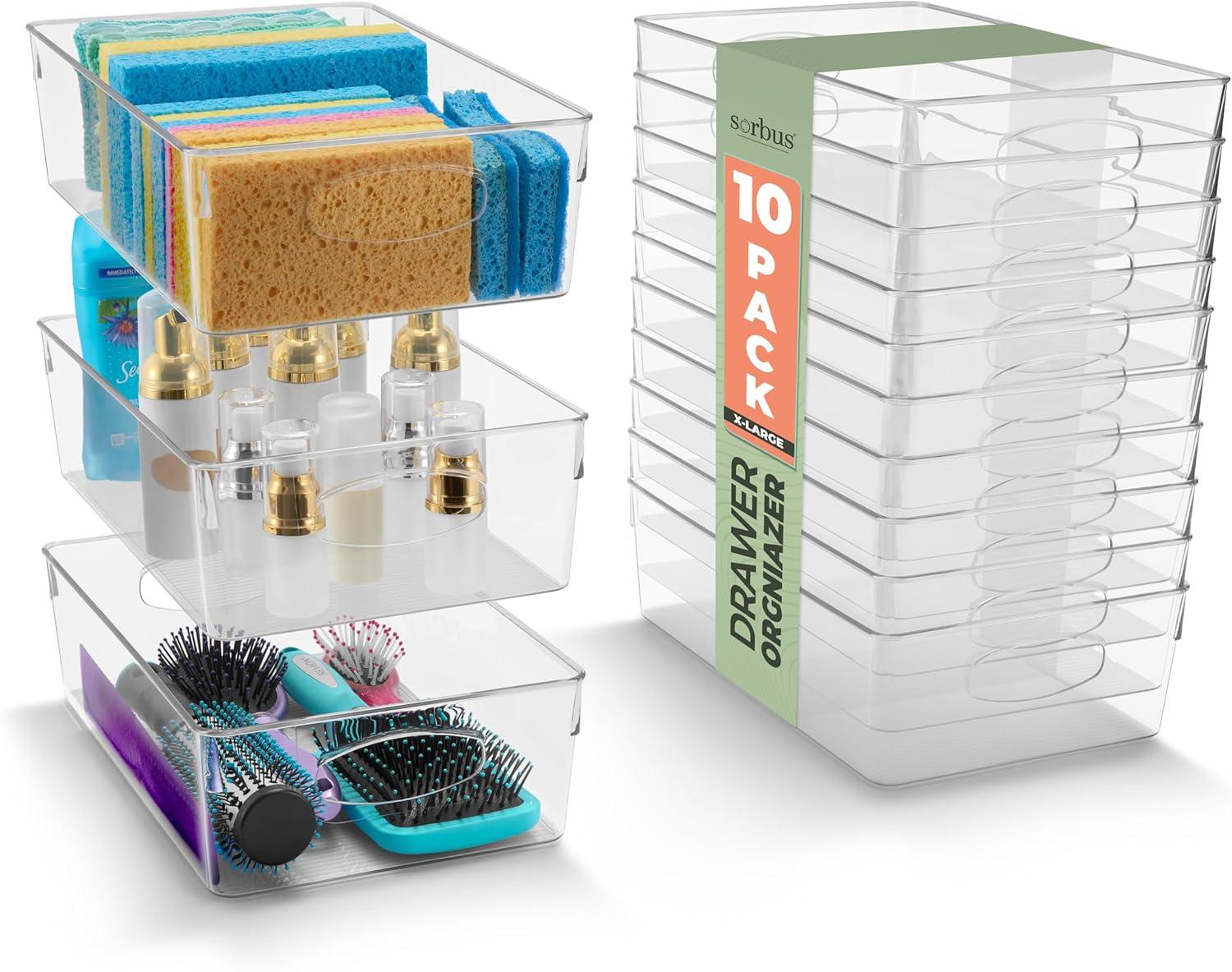 Sorbus Sorbus 10 Pack Narrow Clear Plastic Storage Bins with Handles for Shelves