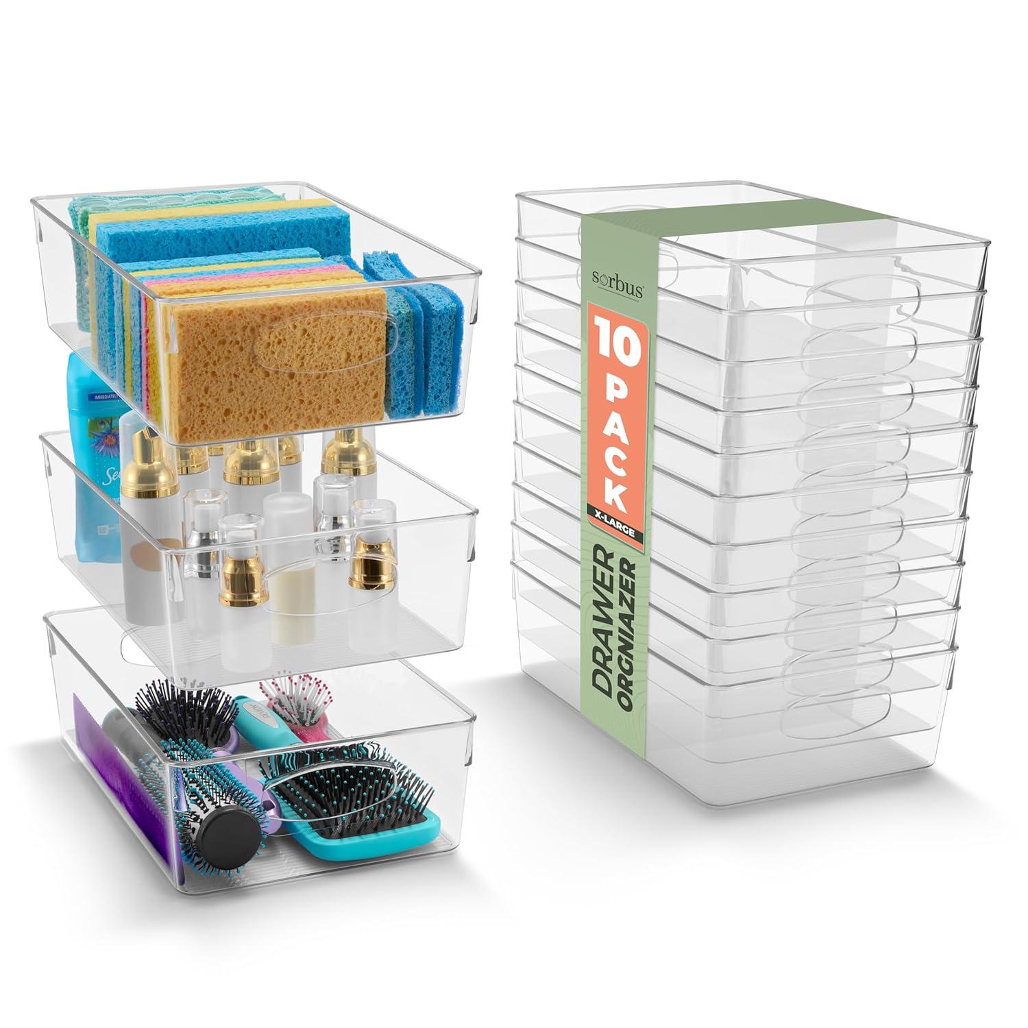 Sorbus Sorbus 10 Pack Narrow Clear Plastic Storage Bins with Handles for Shelves