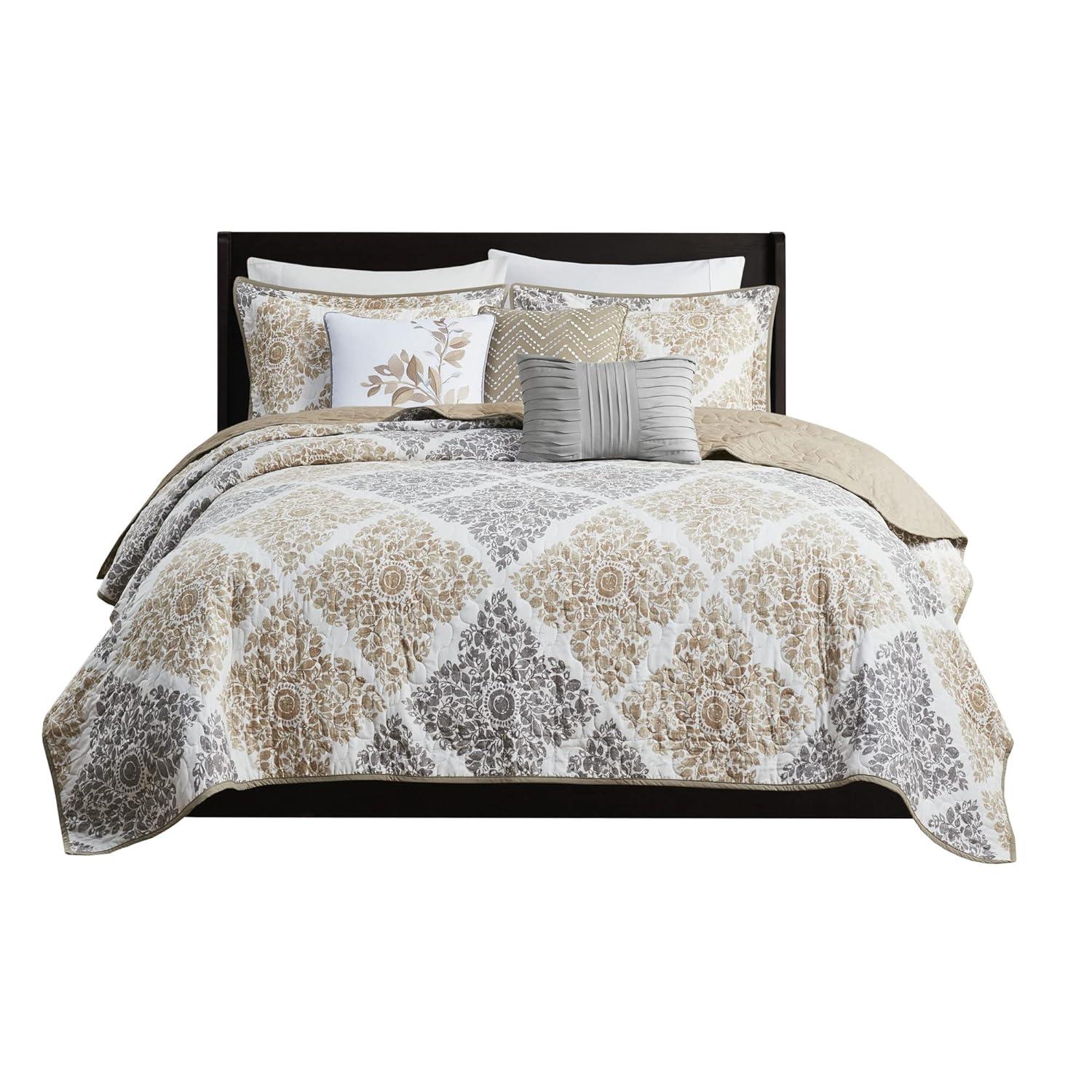 Madison Park Claire Quilt Modern Design - All Season, Breathable Coverlet Lightweight Bedding Set, Matching Shams, Decorative Pillow, King/Cal King (104 in x 92 in), Diamond Neutral 6 Piece