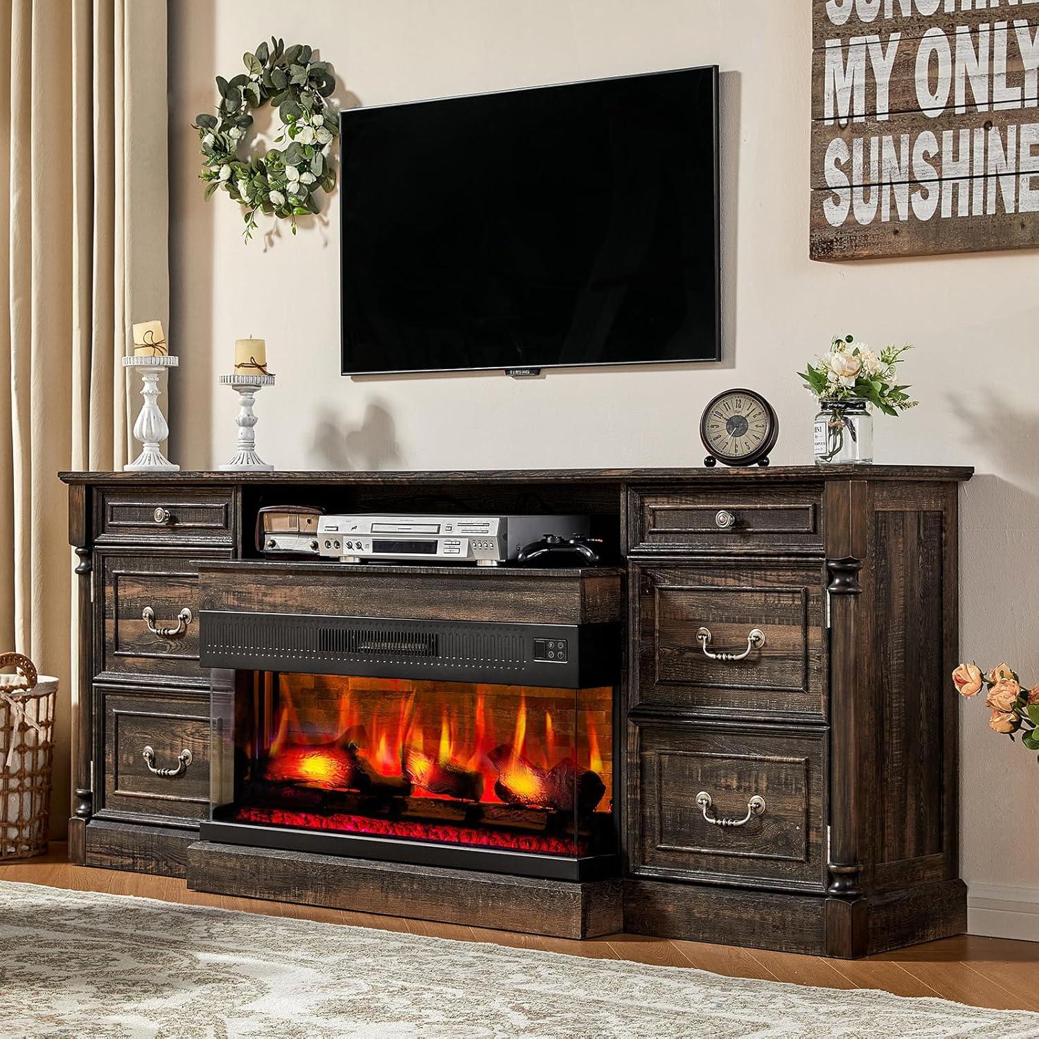 Alvilda 75" Farmhouse TV Stand with 36'' 3-Sided Glass Fireplace, 2 Drawers & Doors Closed Storage