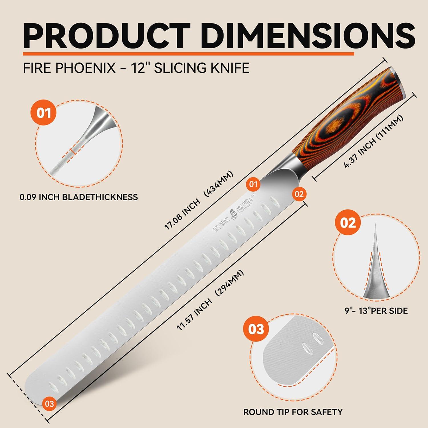TUO Slicing Knife 12" Granton Carving Knives Hollow Ground Meat Cutting Knife-