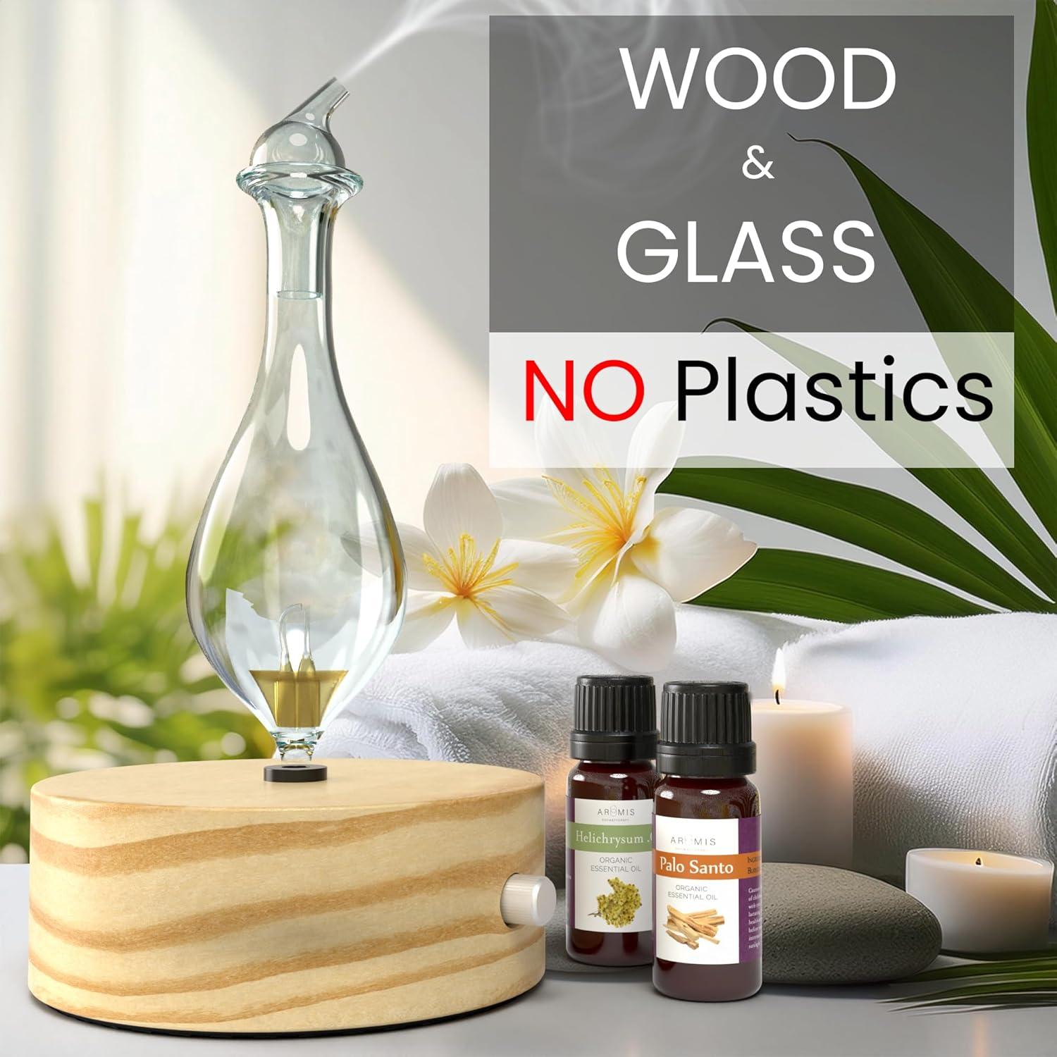 ArOmis Premium Glass Essential Oils Nebulizer - Waterless Diffuser for Aromatherapy - Handmade Oil Diffuser, Wooden Base, No Plastic, No Heat, No Battery, No LEDs - Solum Lux Merus
