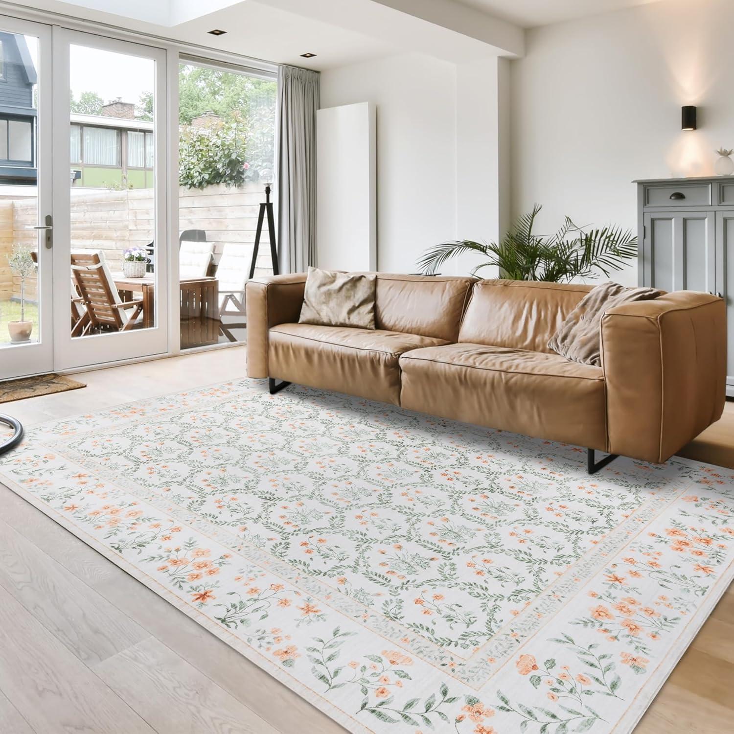 Gertmenian Crystal Print Vela Ivory Green Orange Transitional Leaf Floral Border Washable Flat Pile Indoor Area Rug