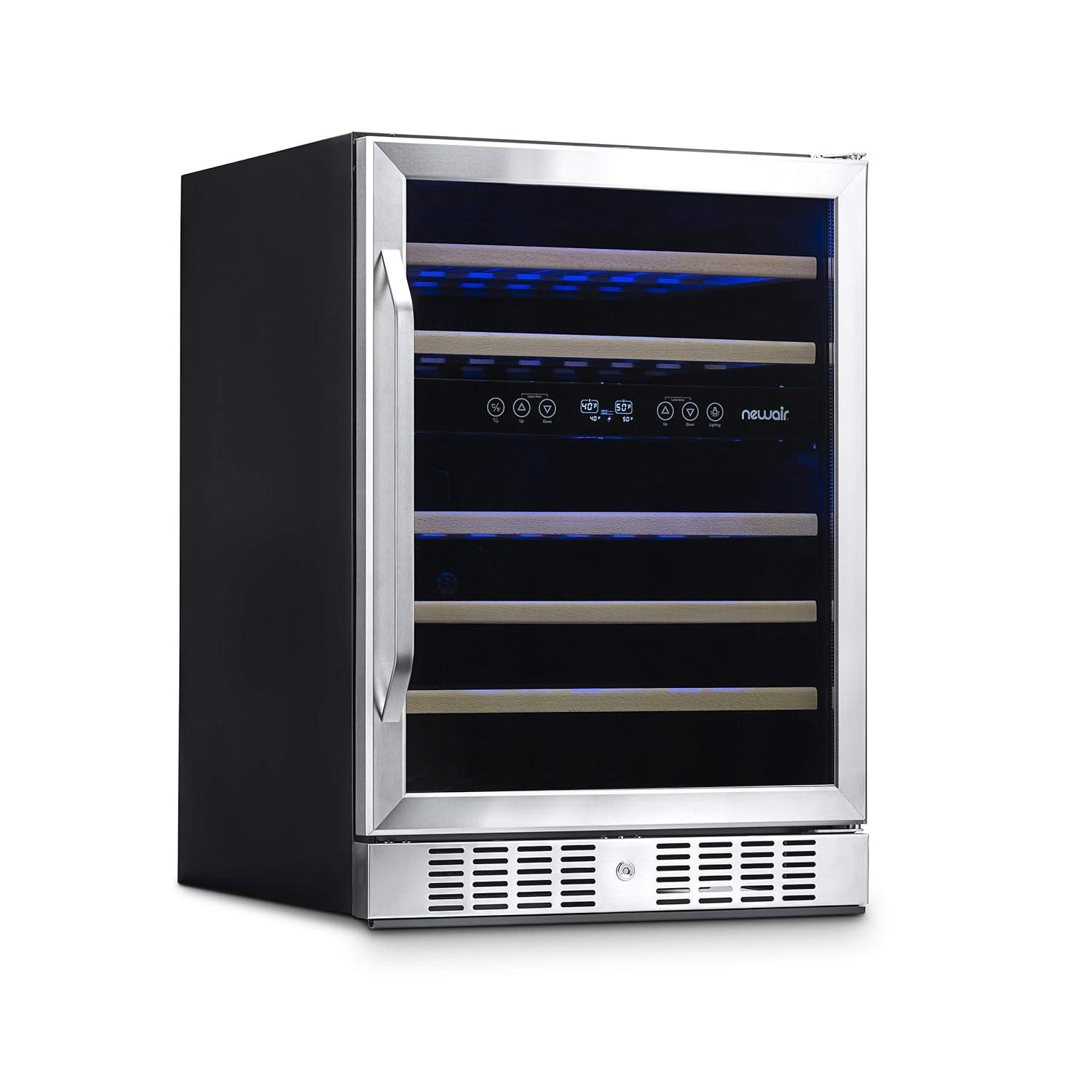 Newair 24” Built-in 46 Bottle Dual Zone Wine Cooler with Removable Beechwood Shelves in Black Stainless Steel