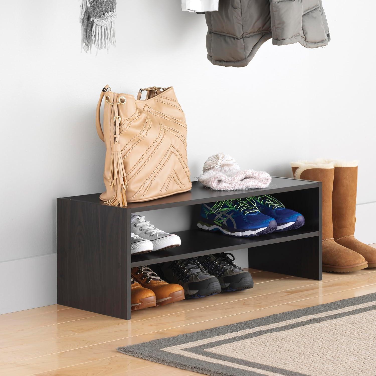 Espresso Stackable 2-Tier Wood and Metal Shoe Shelf