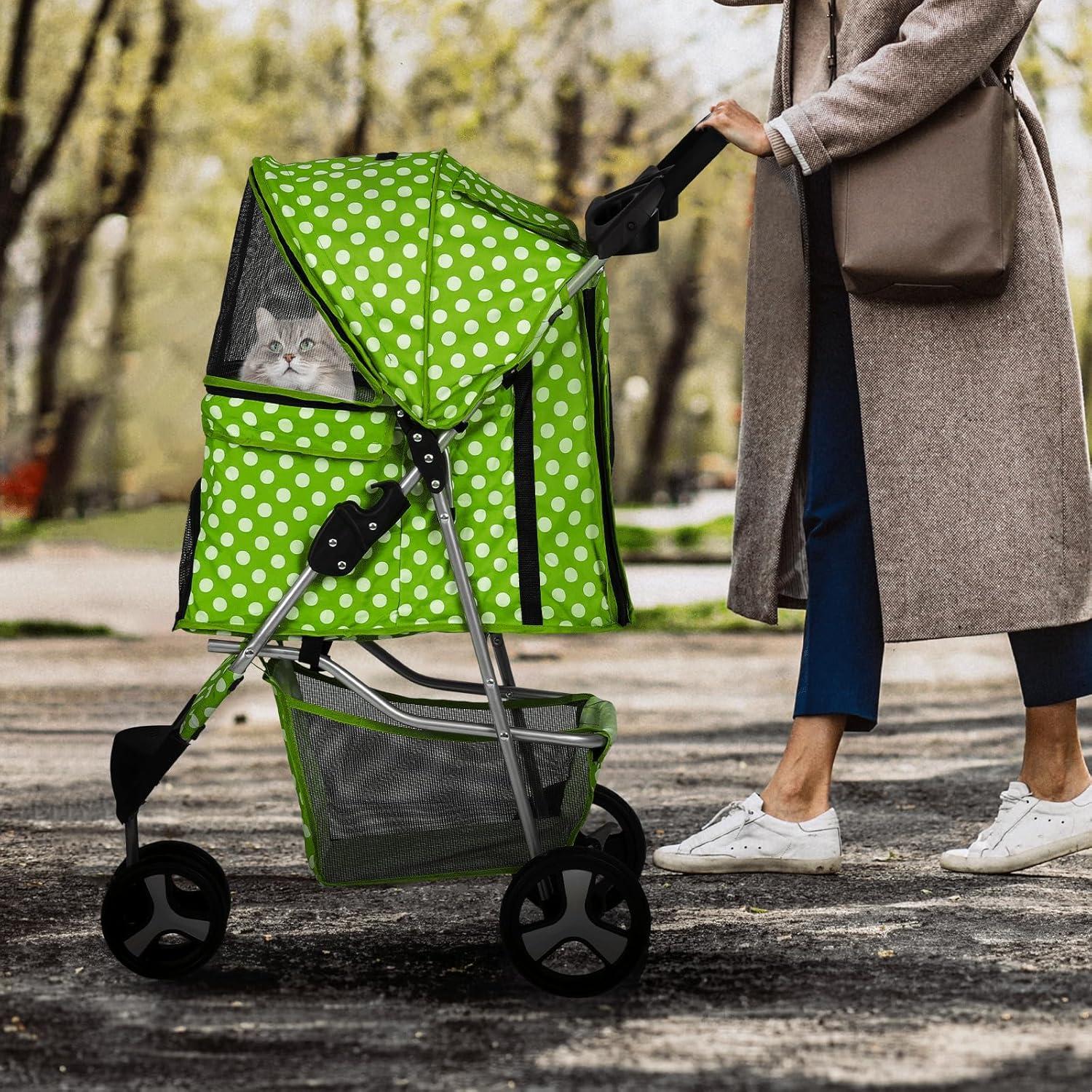 MoNiBloom 3 Wheel Folding Pet Dog Stroller, Foldable Lightweight Trolley with Storage Basket, Cup Holder and 360° Rotating Front Wheel for Small Medium Dogs, Lawn Green with White Polka Dots