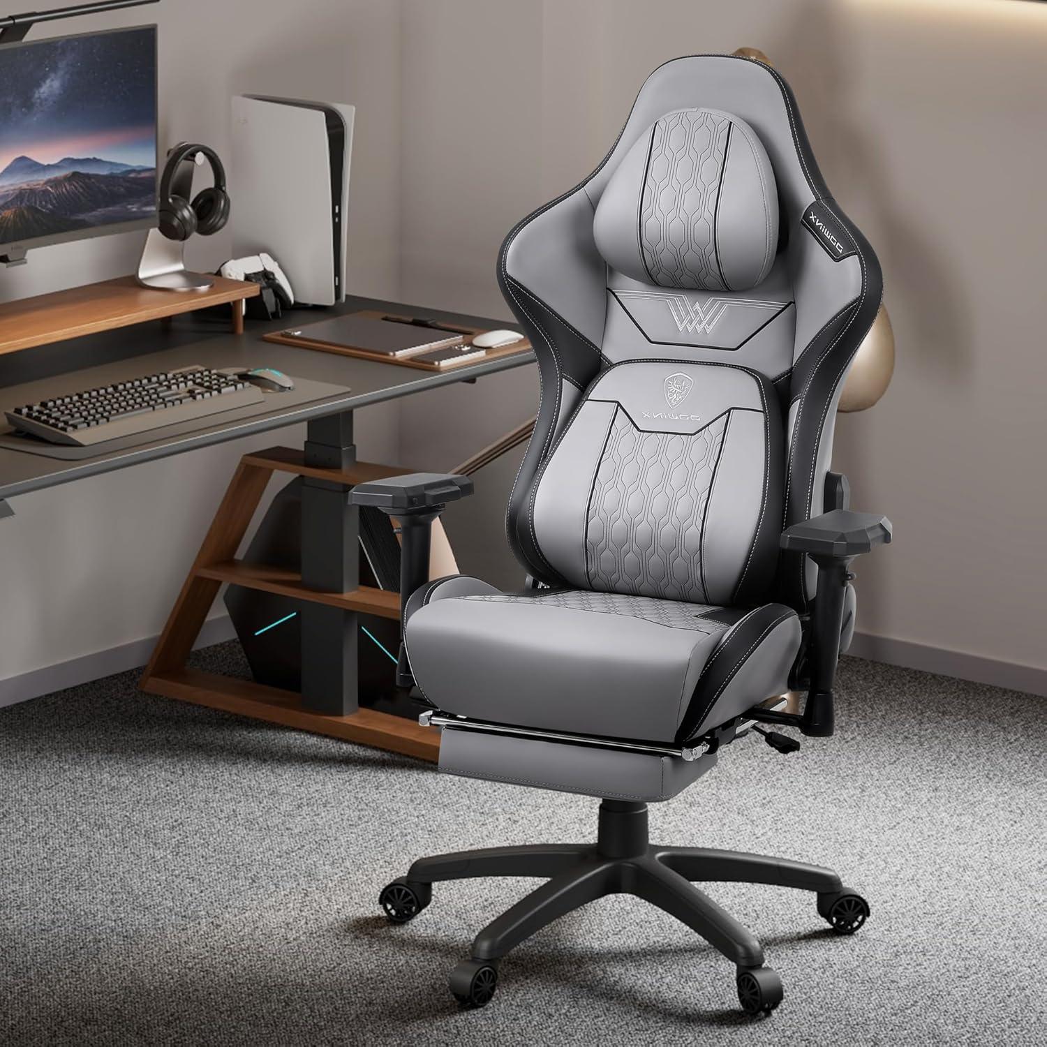 Gray PU Leather Ergonomic Reclining Gaming Chair with Footrest