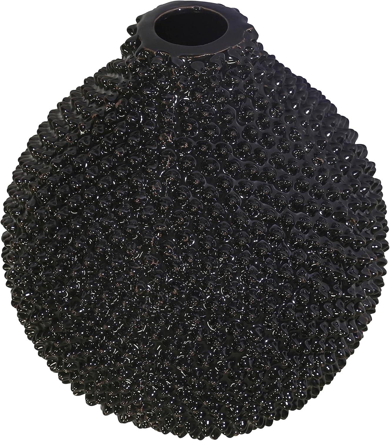 Sagebrook Home  Gloss Black Spiked Ceramic Vase 8", Round, Ceramic, Glam, 7"L X 7"W X 8"H, Solid Color