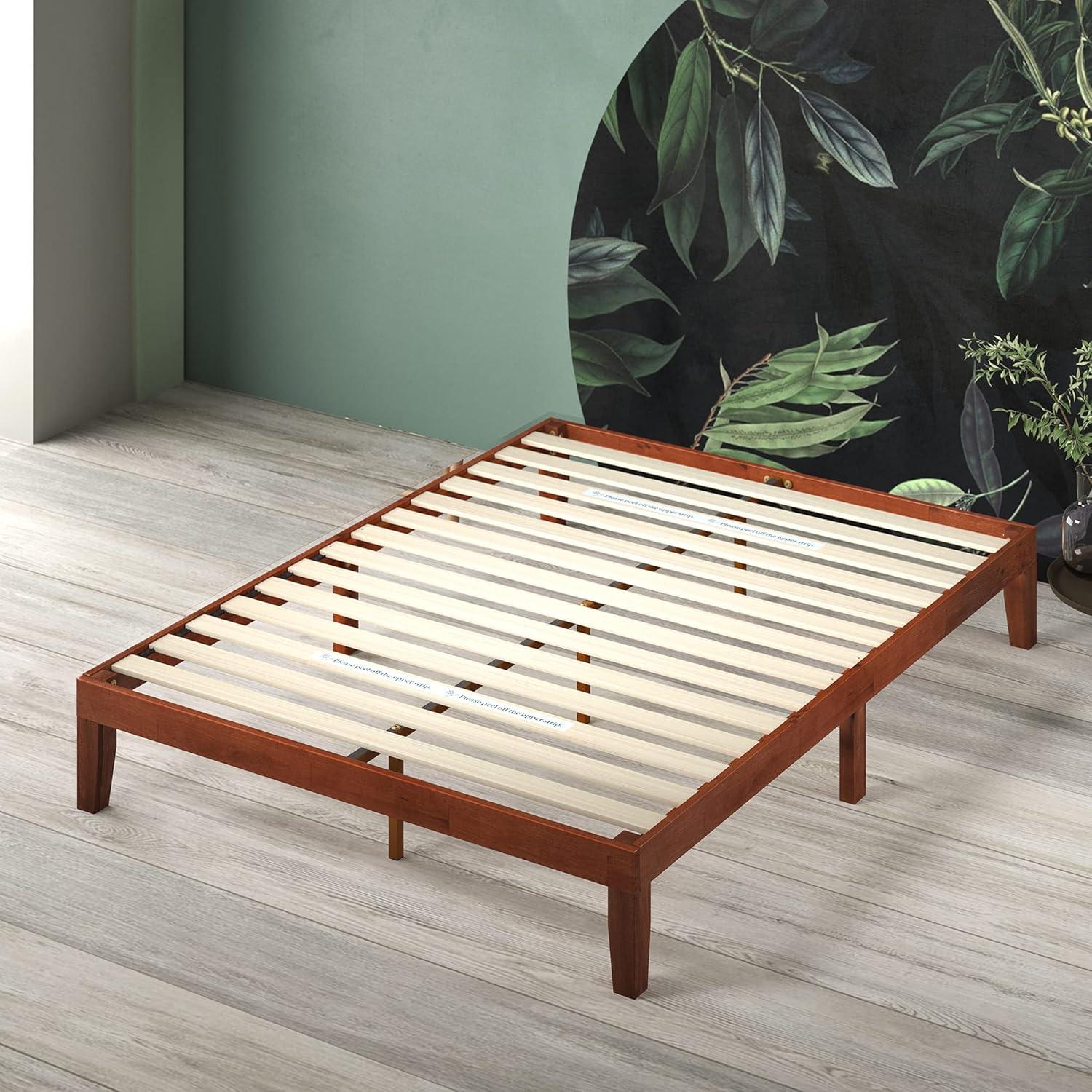 Cherry Queen Wood Platform Bed Frame with Slats and Drawer