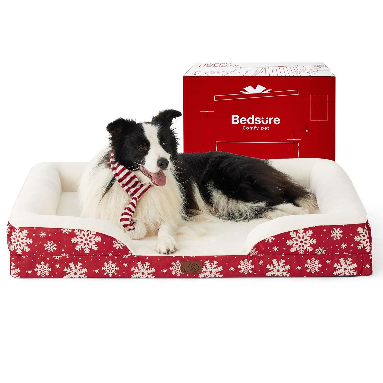 Bedsure Orthopedic Dog Beds Large Sized Dog - Washable Large Dog Cat Bed Waterproof, Comfort Dogs Couch Sofa with Washable Removable Cover, Pet Bed with Nonskid Bottom, Amber Noel-Red, 35"