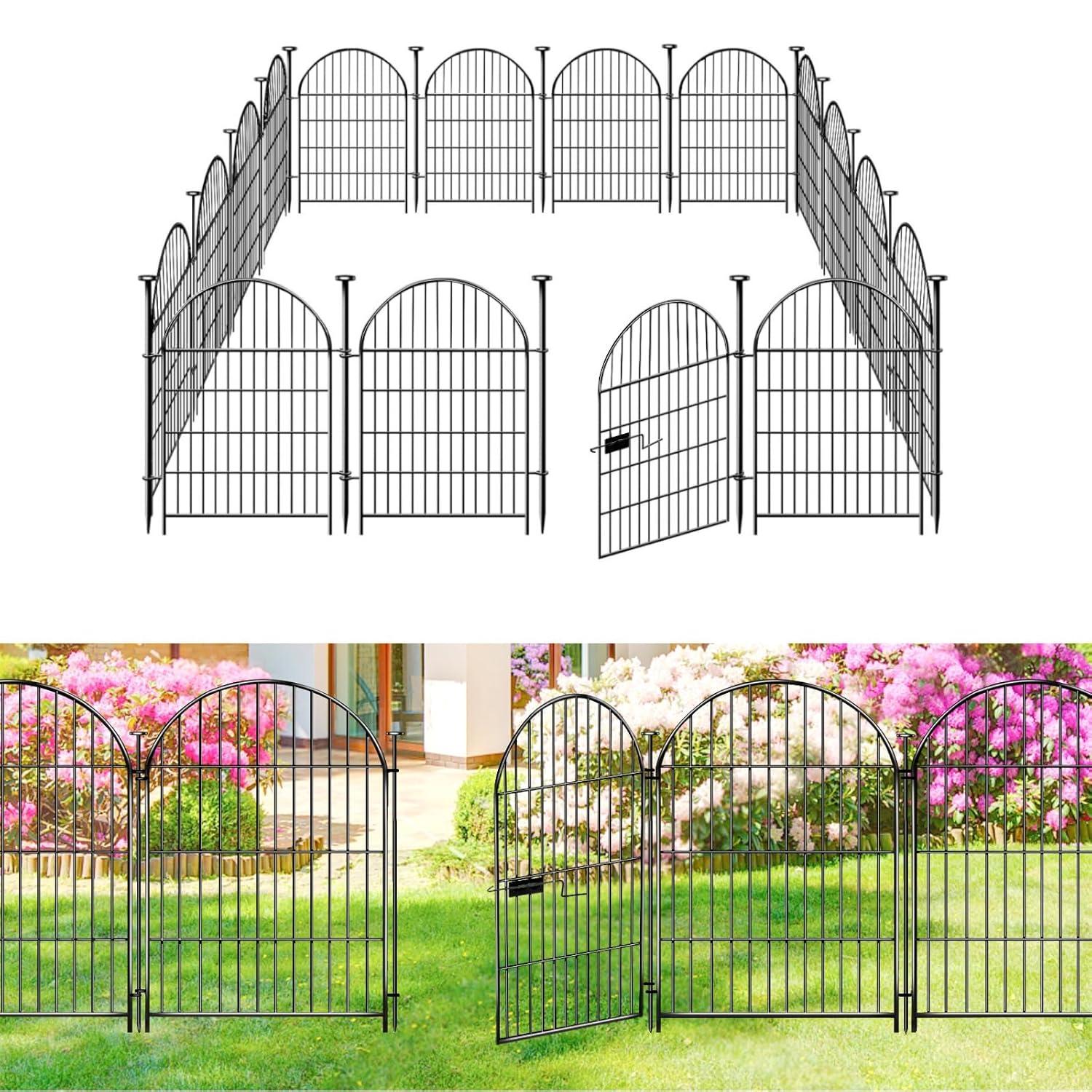 Tall Garden Fence Animal Barrier with Gate, 32 in(H) 16 Panels Garden Fences and Borders for Dogs, Dog Fence Outdoor for Yard, Total Length 35 Ft Metal Temporary Fencing│Patented