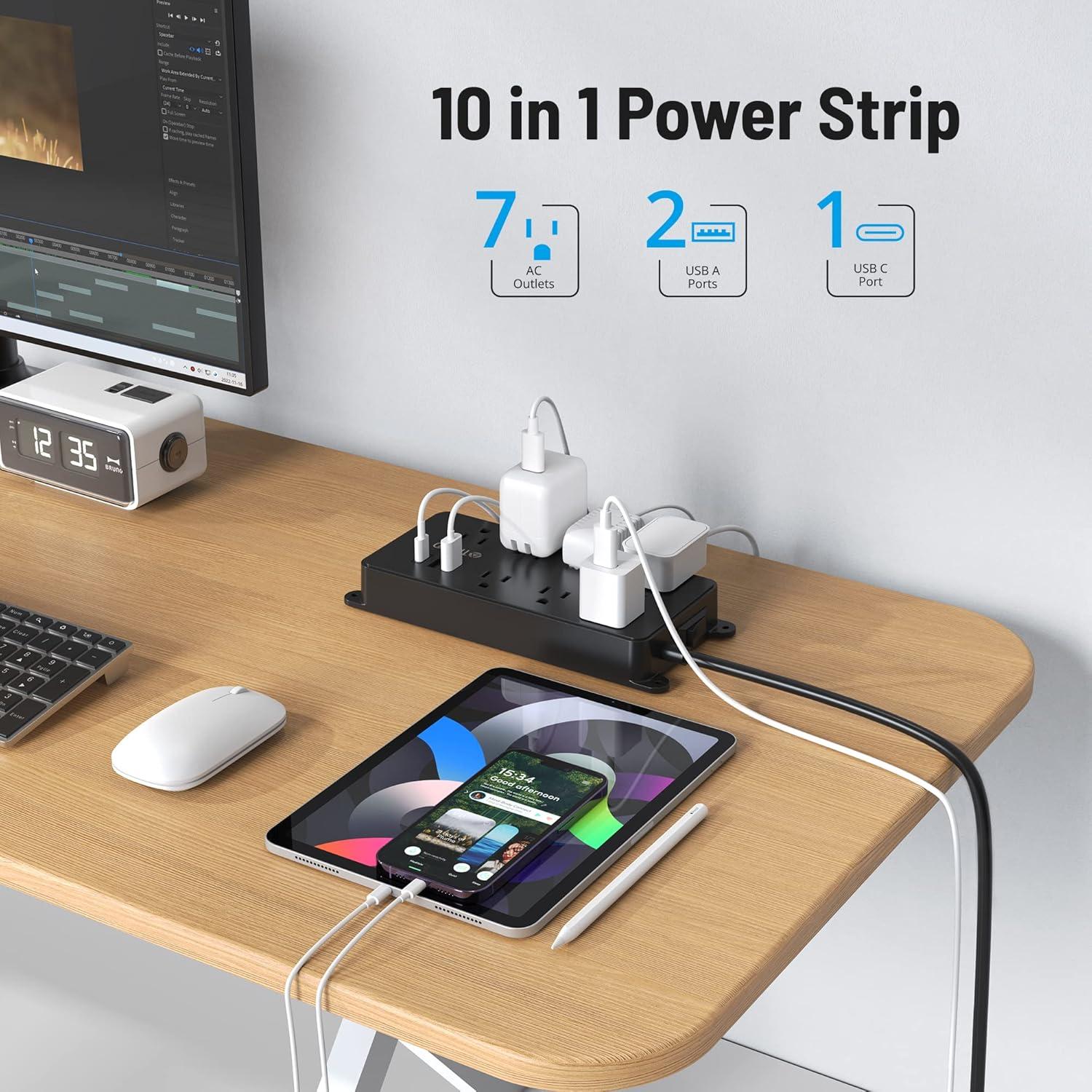 Black 10-in-1 Surge Protector Power Strip with USB Ports