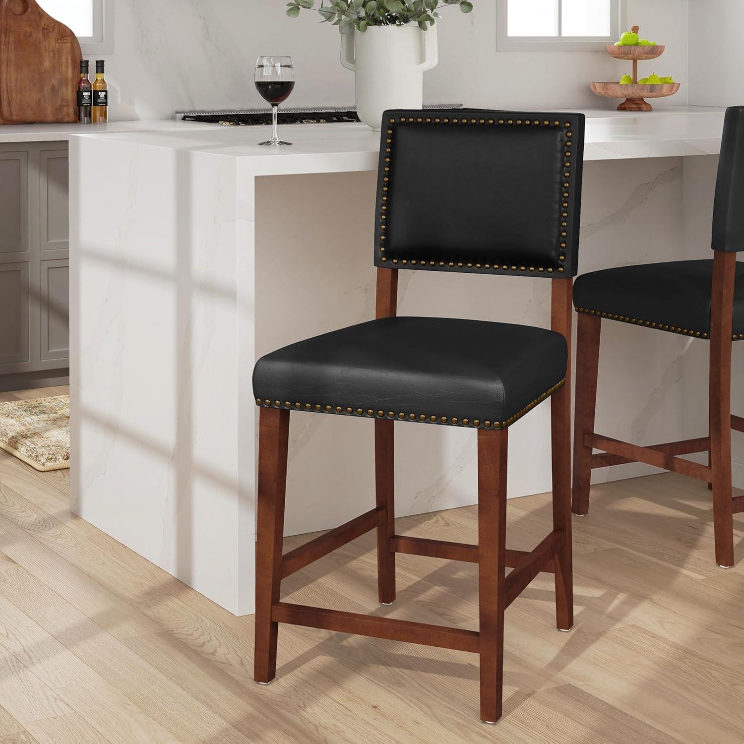24" Brook Padded Back Faux Leather Nailhead Counter Height Barstool Black - Linon: Cherry-Stained Legs, Footrails