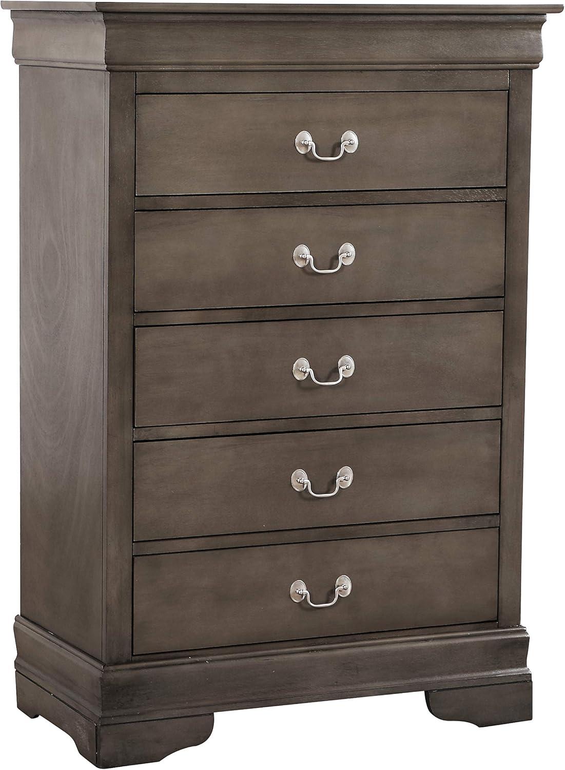 Transitional Gray 5-Drawer Chest with Metal Handles and Dovetail Drawers