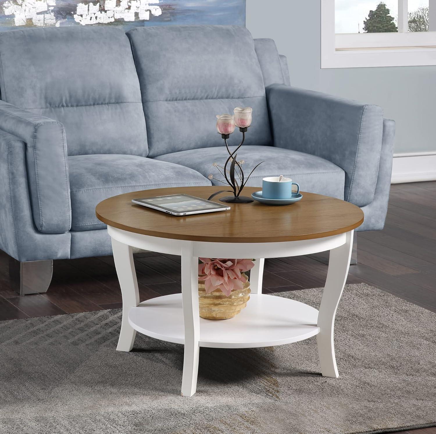 Convenience Concepts American Heritage Round Coffee Table with Shelf, Driftwood/White Wood Finish