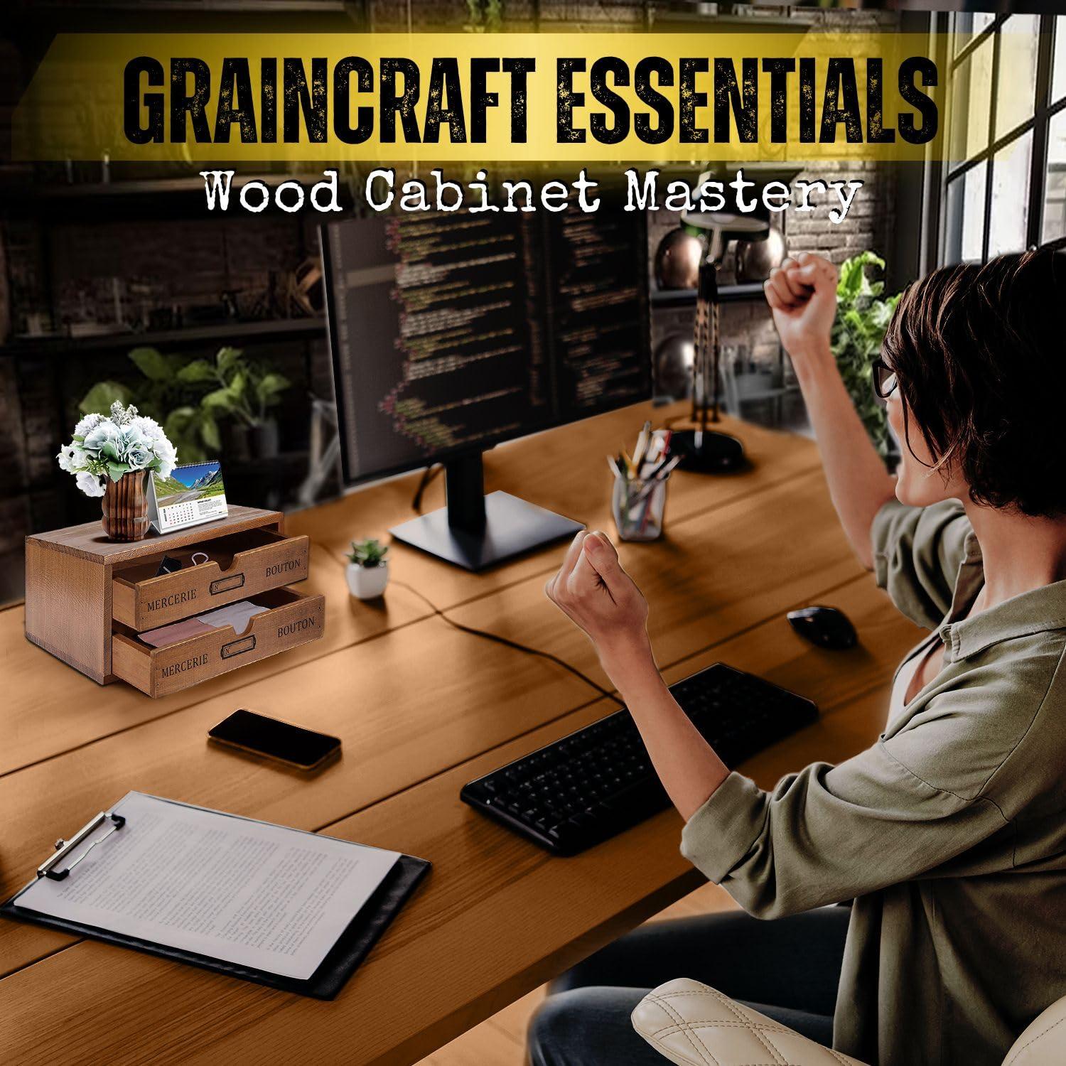 Wooden Desktop Office Supplies Organizer with 2 Storage Drawers Set, 2-Tier Wood Tabletop Cabinet, Countertop Desk Accessories Box, for Home Workspace Counter Vanity Decor Art Craft Tool Mail