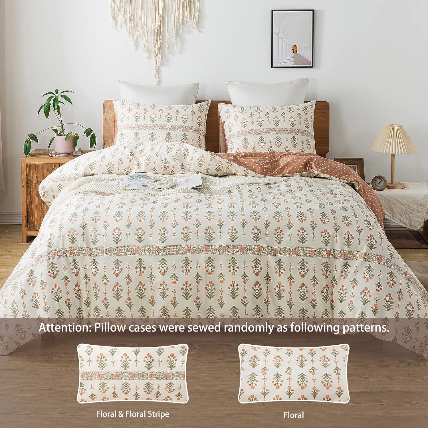 Queen Floral Cotton 3-Piece Duvet Cover Set with Zipper Closure