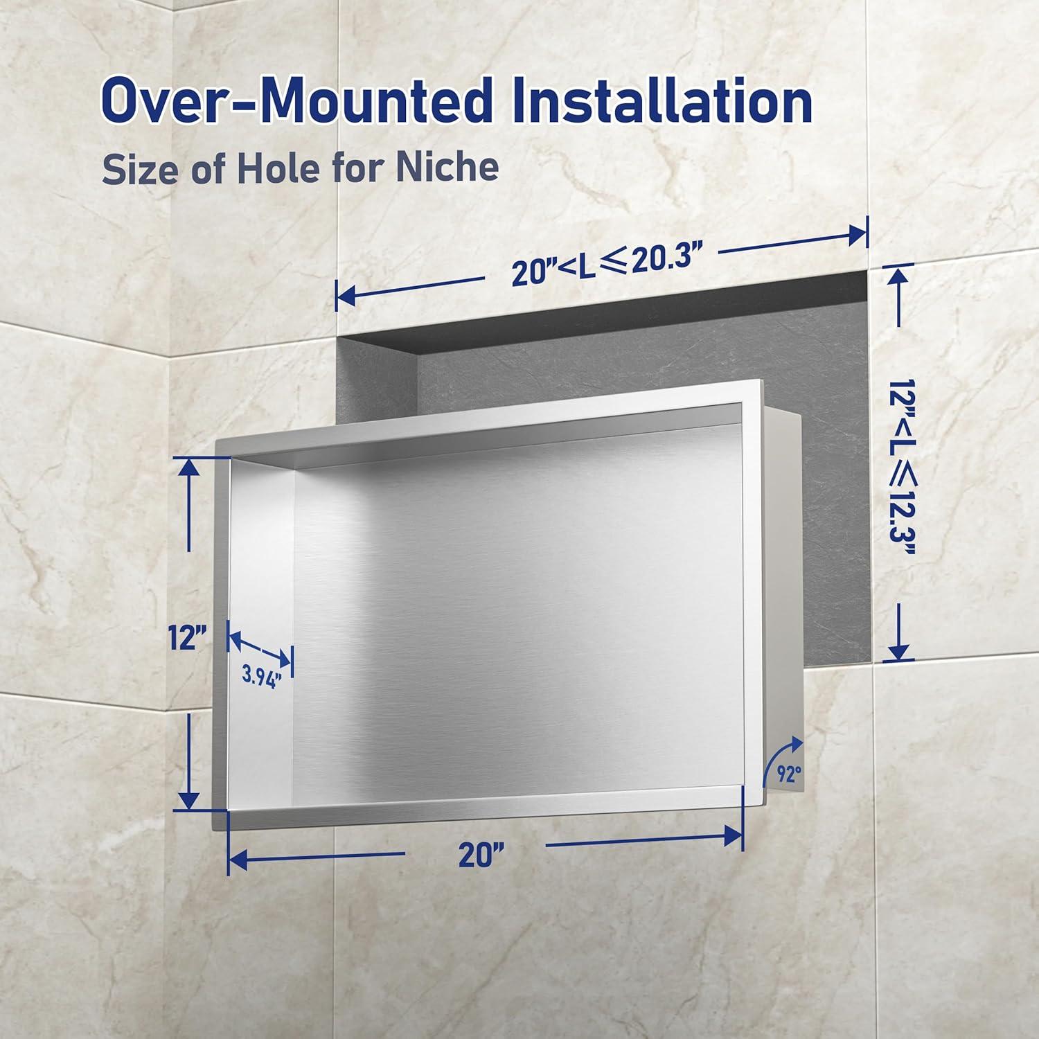 Stainless Steel Shower Niche 24" X 12" Brushed No Tile Needed Niche Shower Recessed Wall Horizontal Niches for Bathroom Storage Over Mount Installation
