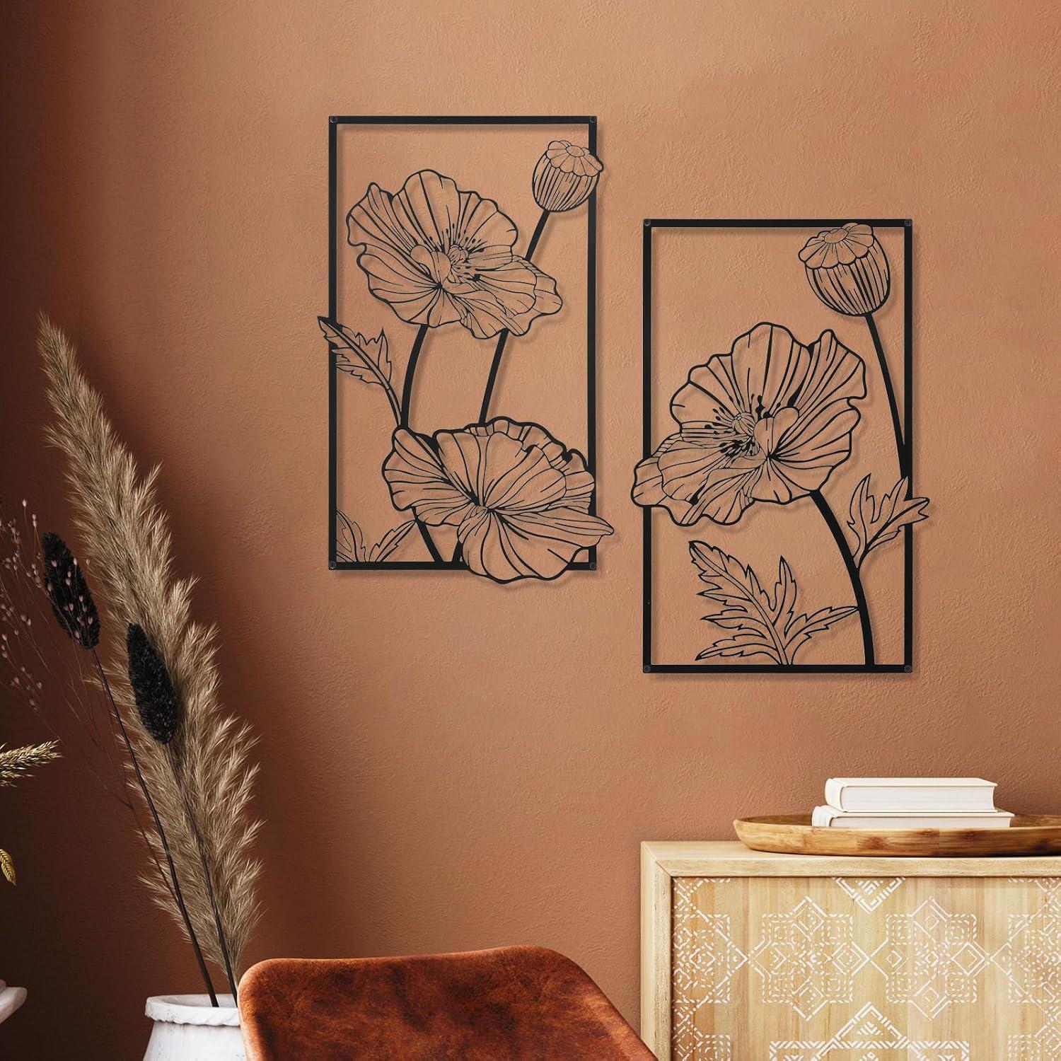 Black Metal Floral Minimalist Wall Art Set of 3