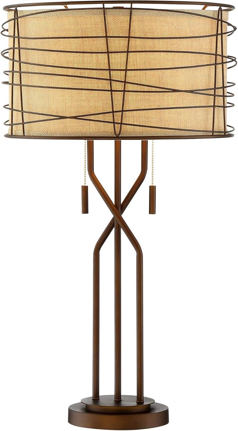 Franklin Iron Works Marlowe 28 3/4" Tall Rustic Modern End Table Lamp Pull Chain Brown Bronze Finish Metal Single Woven Shade Living Room Bedroom