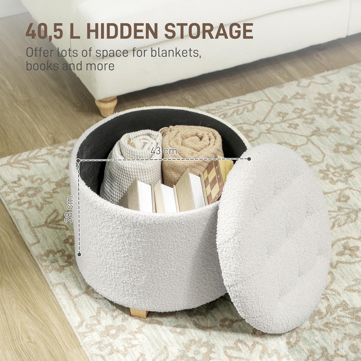 HOMCOM 18" Round Ottoman with Storage, Teddy Fleece Button Tufted Bedroom Stool with Removable Lid and Wood Legs for Living Room, Hallway, White