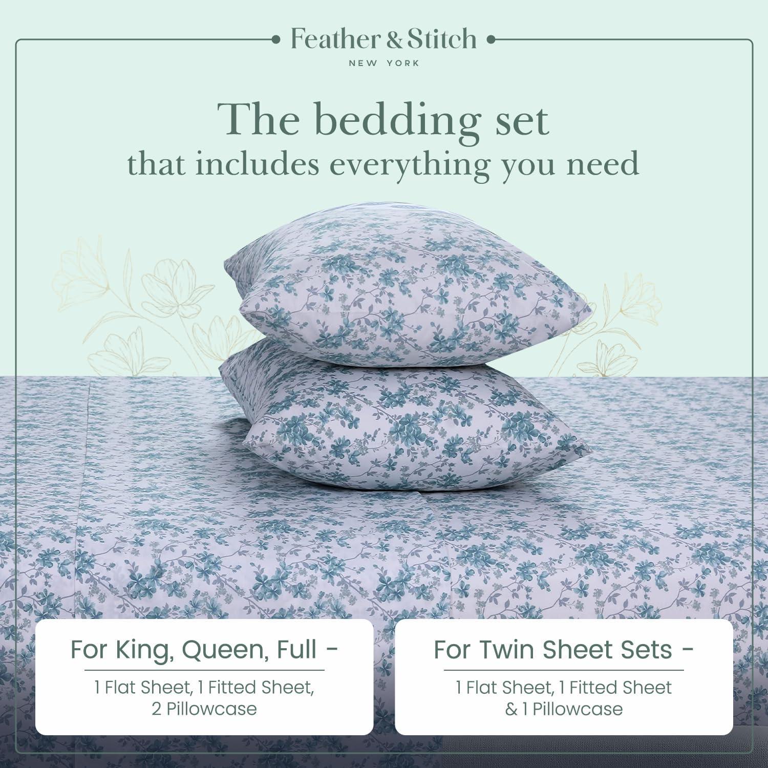 Feather & Stitch Softest 100% Cotton Sheets, 300 Thread Count Percale Weave Bedding, 16" Deep Pocket, Cooling Sheets, Breathable Bed Set, Hotel Premium Quality (Full, Blue Floral)
