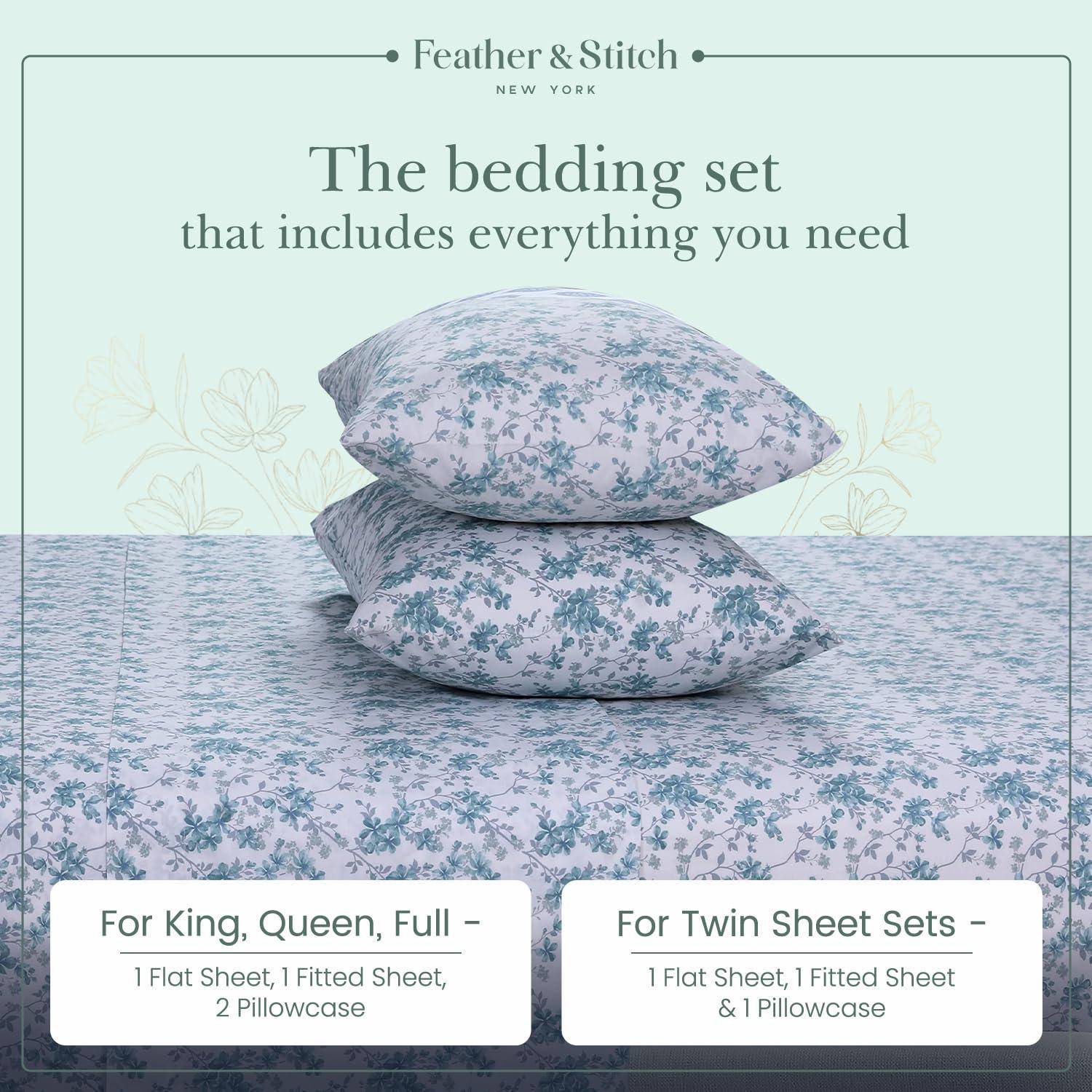 Feather & Stitch Softest 100% Cotton Sheets, 300 Thread Count Percale Weave Bedding, 16" Deep Pocket, Cooling Sheets, Breathable Bed Set, Hotel Premium Quality (Full, Blue Floral)