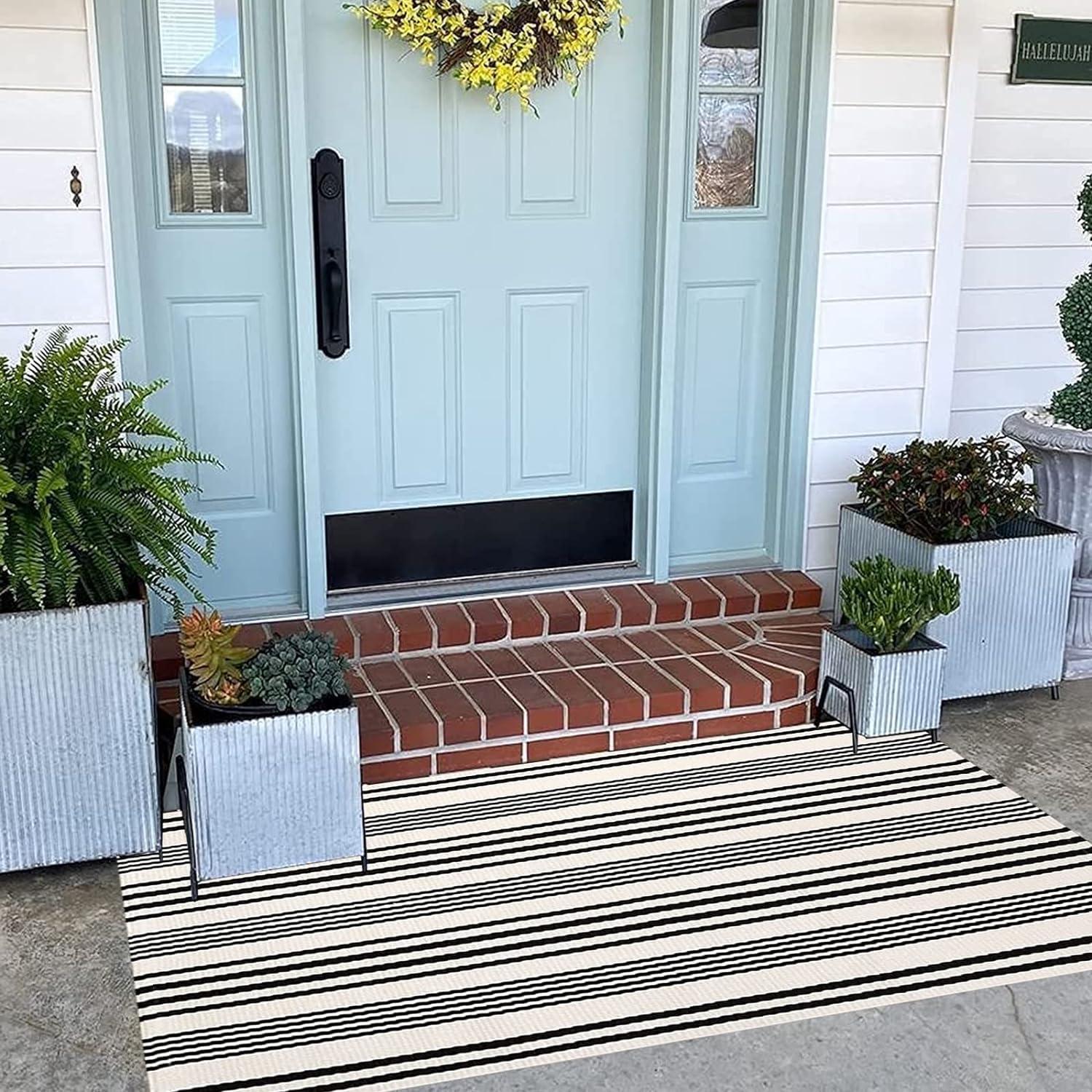 Black and White Striped Hand-Woven Outdoor Rug 24'' x 51''