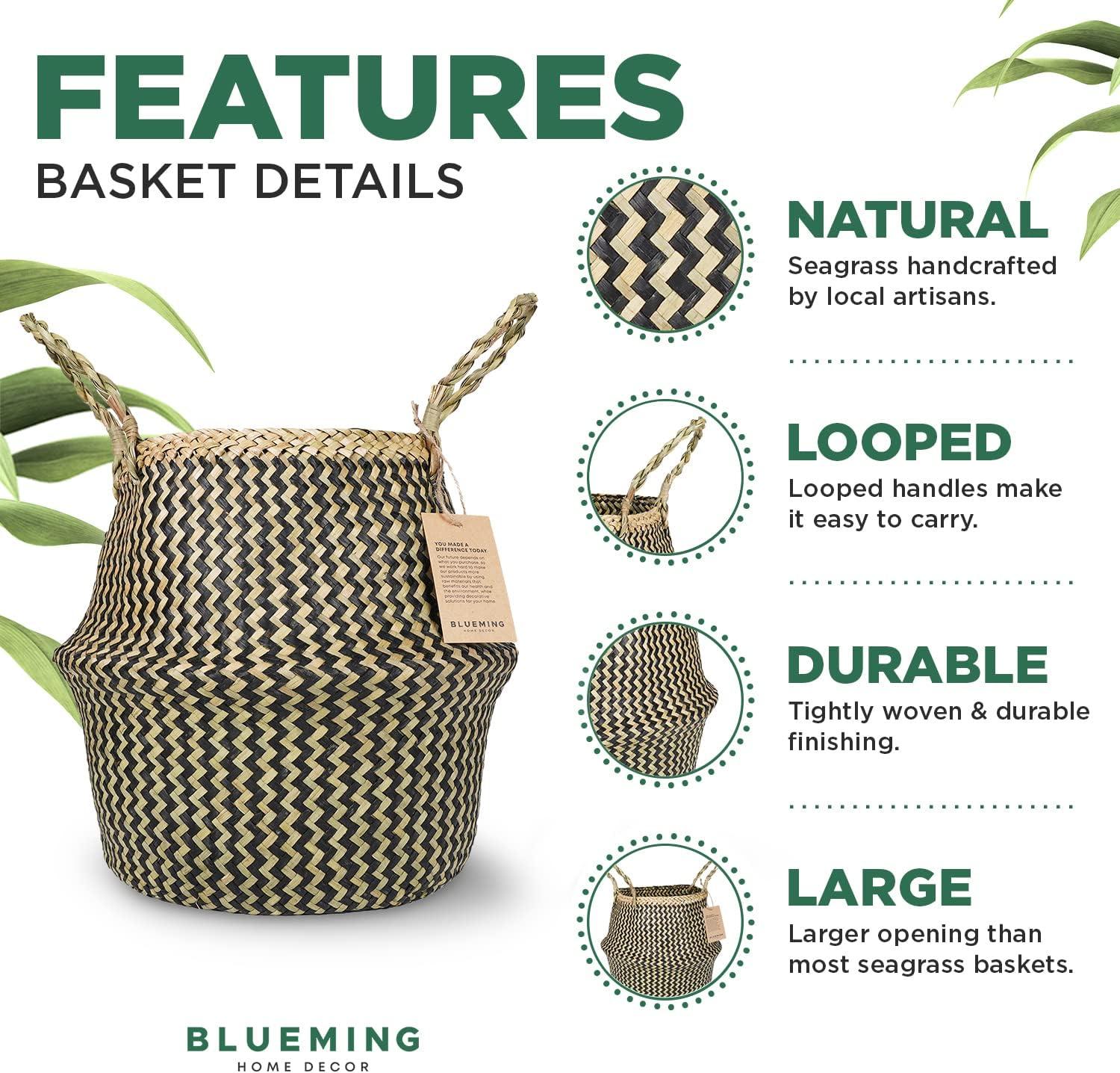 Plant Baskets – Large Seagrass Pot for Tall Indoor Faux Olive Tree, Woven Wicker Rattan Planter for Boho Basket 9-10 Inch (Black, Large)