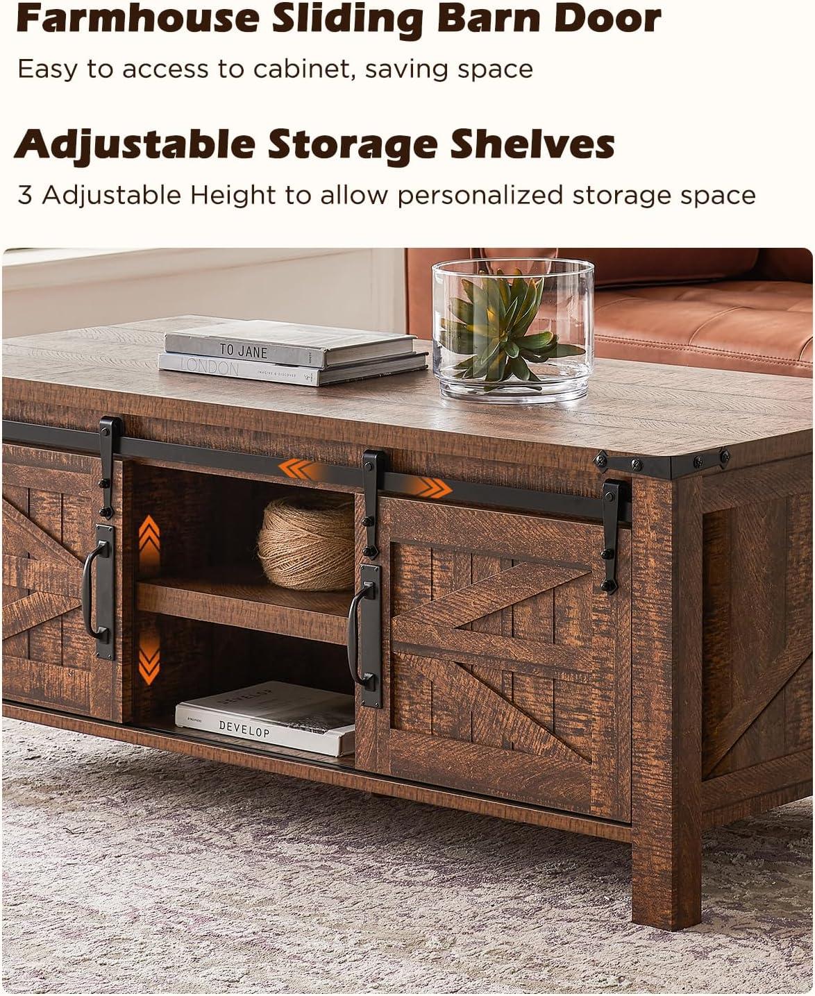 OKD Farmhouse Sturdy Coffee Table with Sliding Barn Doors and Storage Shelves for Living Room, Den, Family Room, or Office, Reclaimed Barnwood