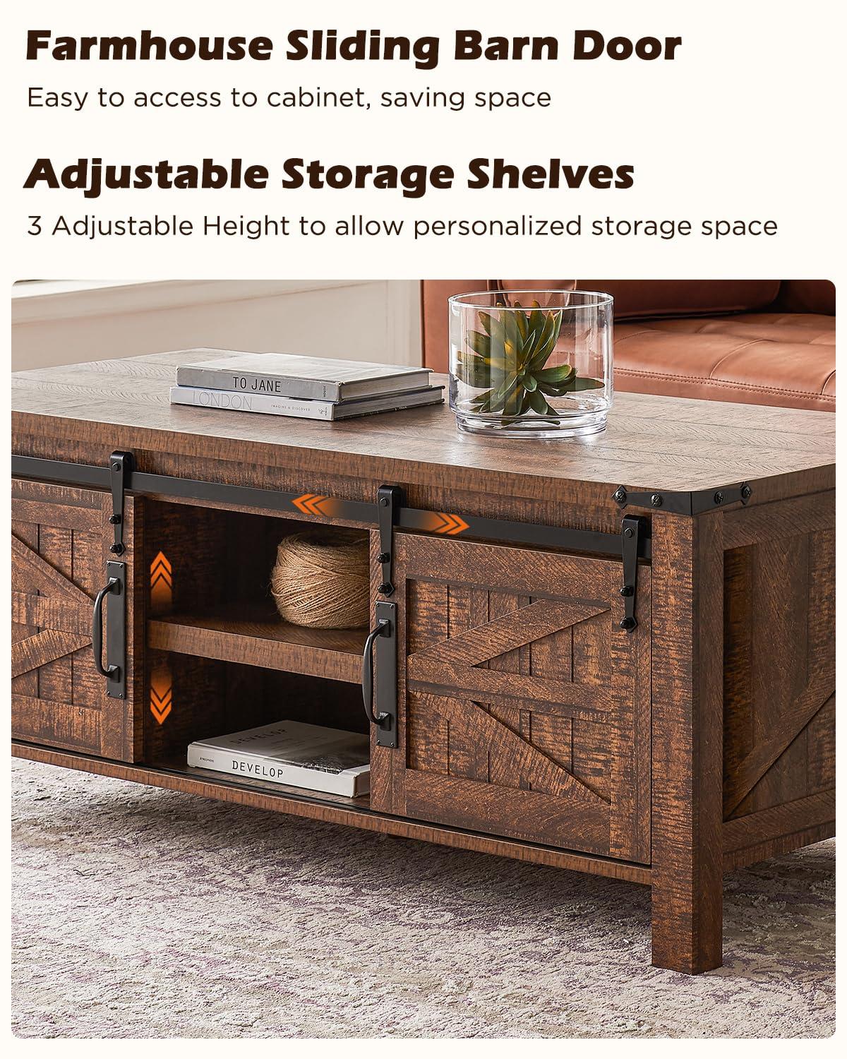 OKD Farmhouse Sturdy Coffee Table with Sliding Barn Doors and Storage Shelves for Living Room, Den, Family Room, or Office, Reclaimed Barnwood