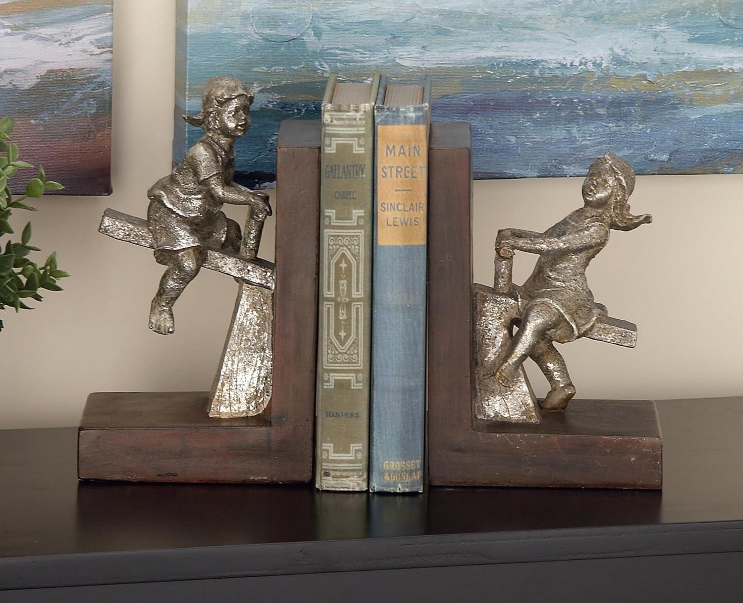 DecMode 4" People Brown Polystone Bookends with Swing Set (Set of 2)