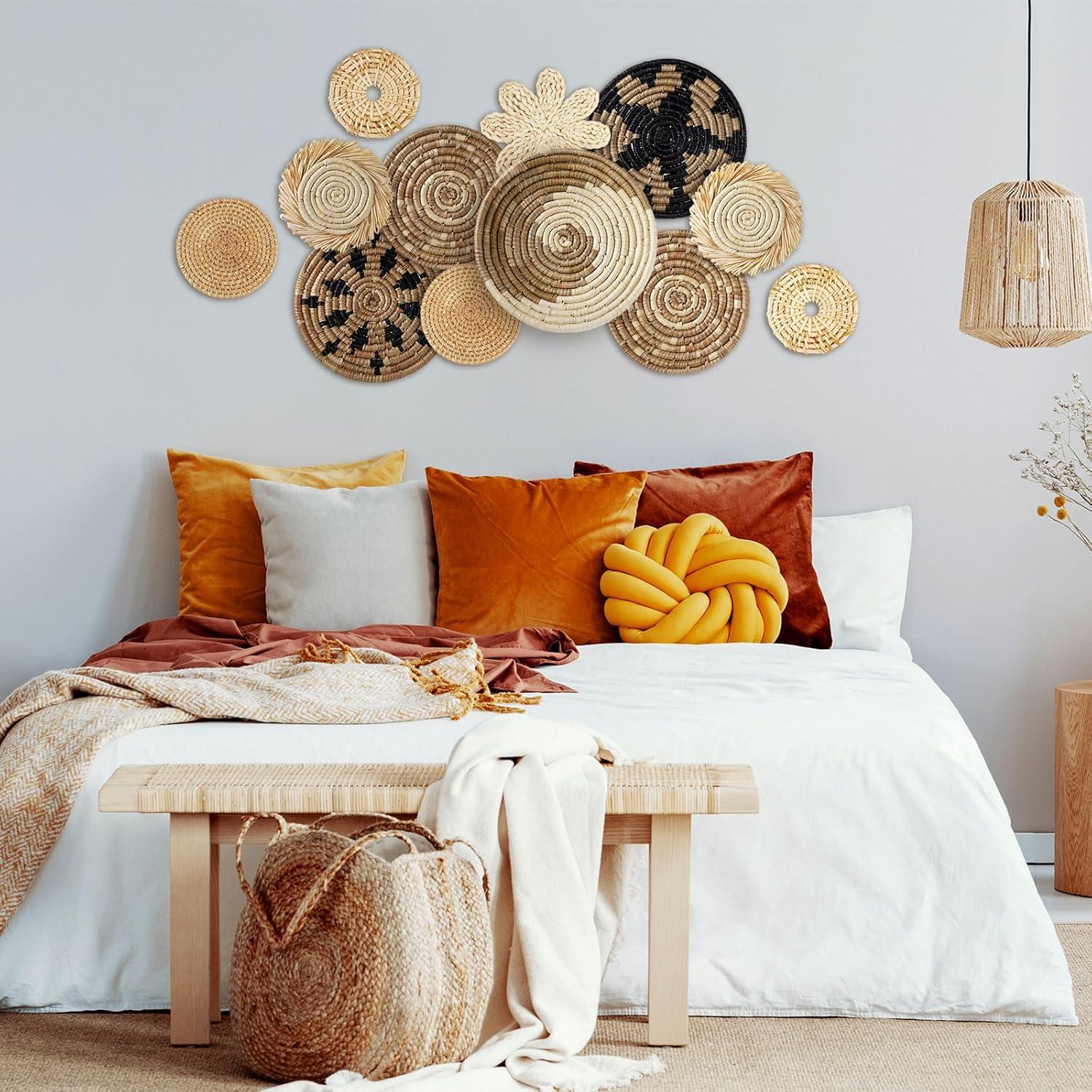 Tatuo 11 Pcs Boho Wall Basket Decor Decorative Bulrush Woven Basket Wall Decor Art Round Farmhouse Hanging Baskets for Kitchen Rustic Home Summer Decorations, Multi Sizes(Retro)