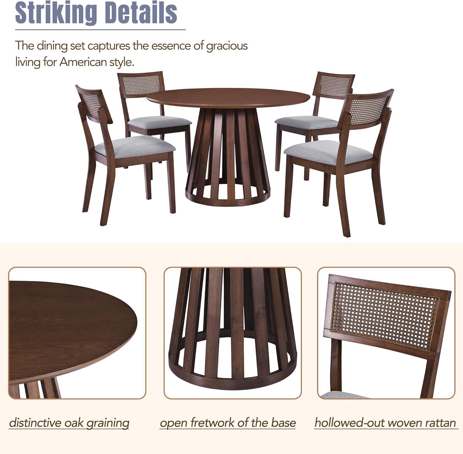 Walnut Round Dining Table Set with Rattan Backrest Chairs