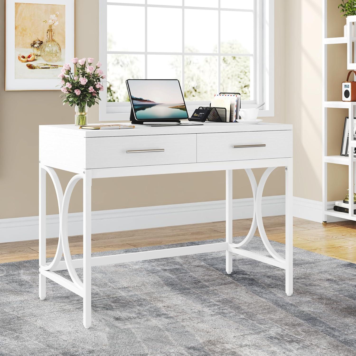 Tribesigns Modern Computer Desk with 2 Drawers, 41 Inches Study Writing Office Desk for Home Office, Bedroom, Makeup Vanity Table Desk with Metal Frame, White
