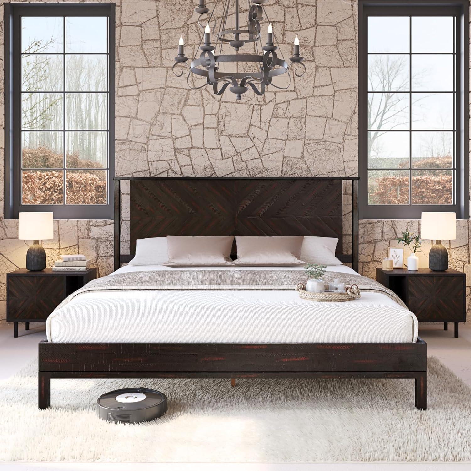 Vivian Solid Wood Bed with Headboard, Rustic Black Wood Bed Frame