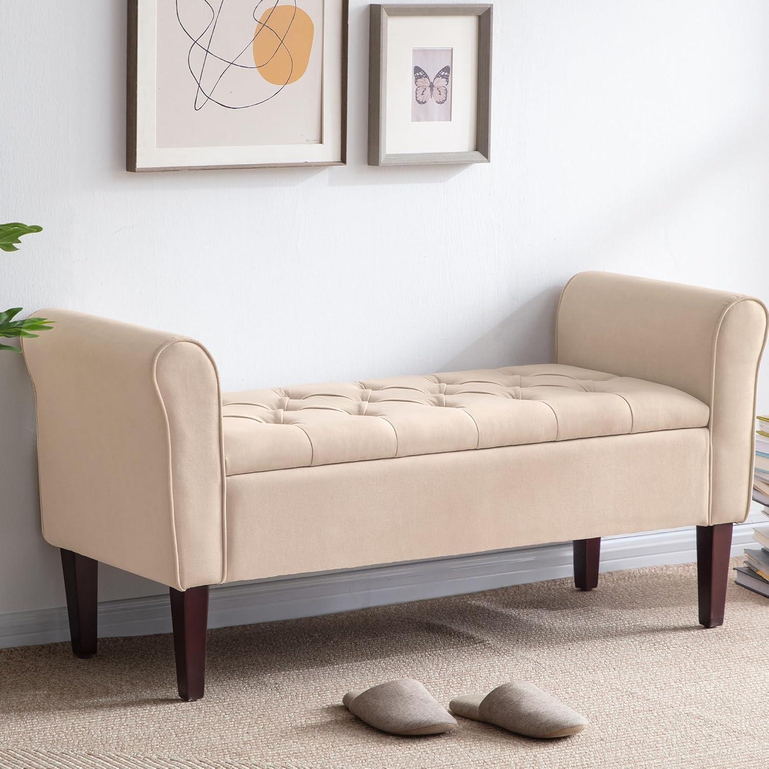 Tan Tufted Fabric Storage Ottoman Bench with Solid Wood Legs