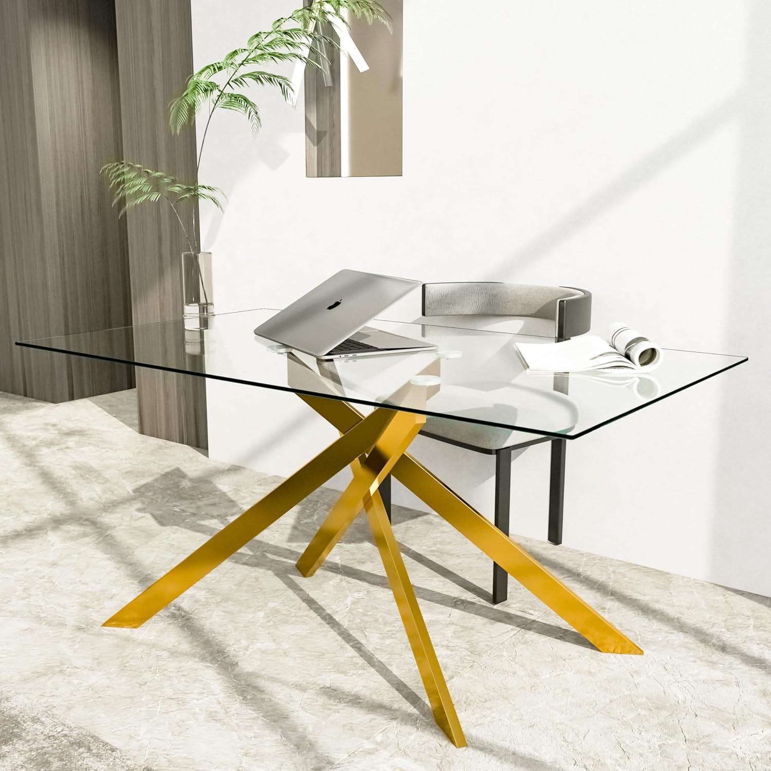 Henf 5 Piece Gold Dining Table Set for 4, Modern Glass Kitchen Table and Chairs for 4, Dining Room Table Set with 51" Glass Dinner Table & 4 White Faux Leather Chairs for Small Space,Home, Apartment