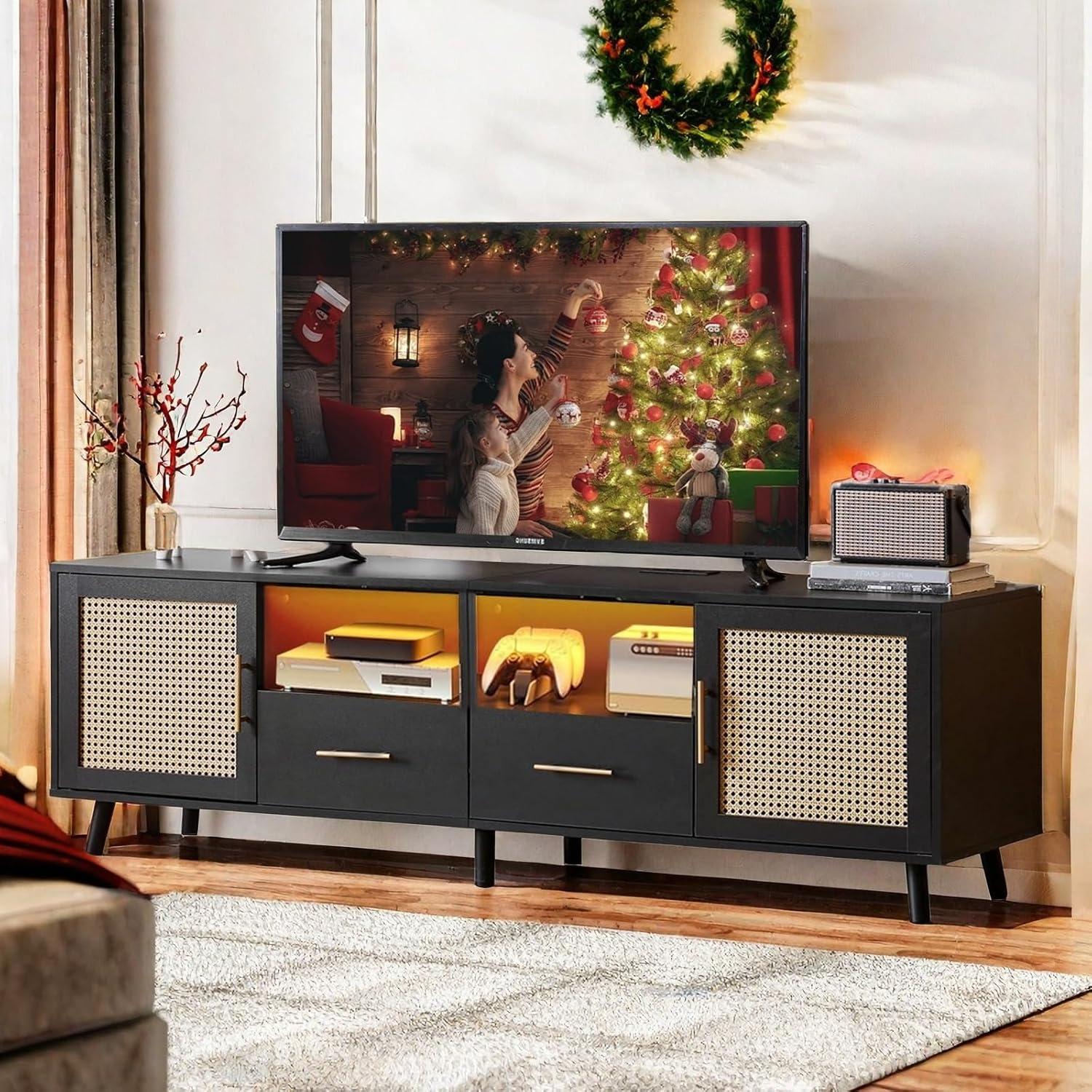 Bay Isle Home™ Heyer Large Wood Rattan TV Stand for TVs up to 75" with LED Light and Charging Station, Coastal Media Console Table, Multimedia Storage Furniture with 2 Drawers, Lighting TV Cabinet