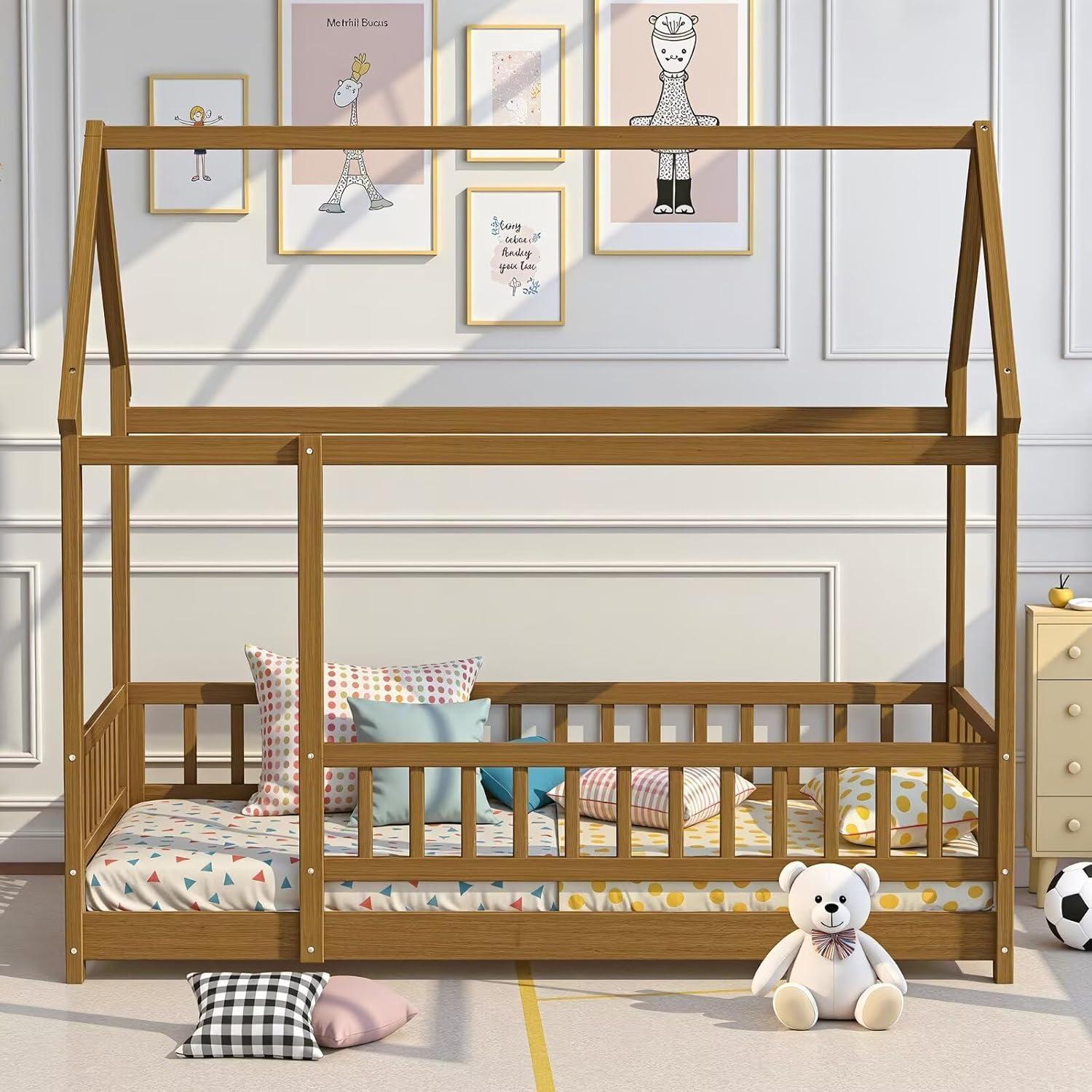 Twin Floor Bed for Kids, Wooden House Bed Frame with Roof, Fence Guardrails, Montessori Bed for Toddlers Girls Boys, Gray